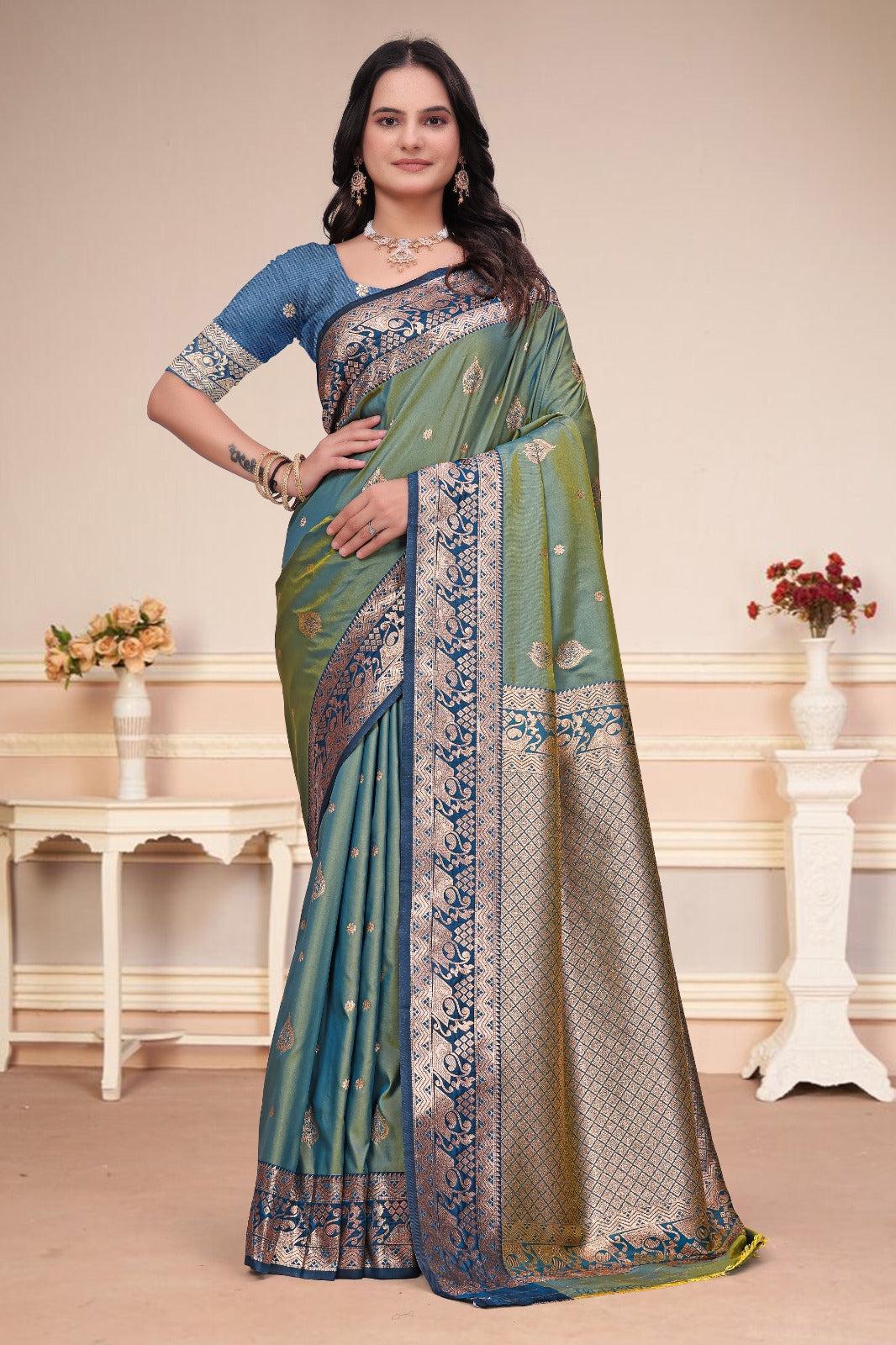 Elegant Dusty Teal Blue 50/600 Silk Saree with Royal Blue Zari Border & Traditional Pallu