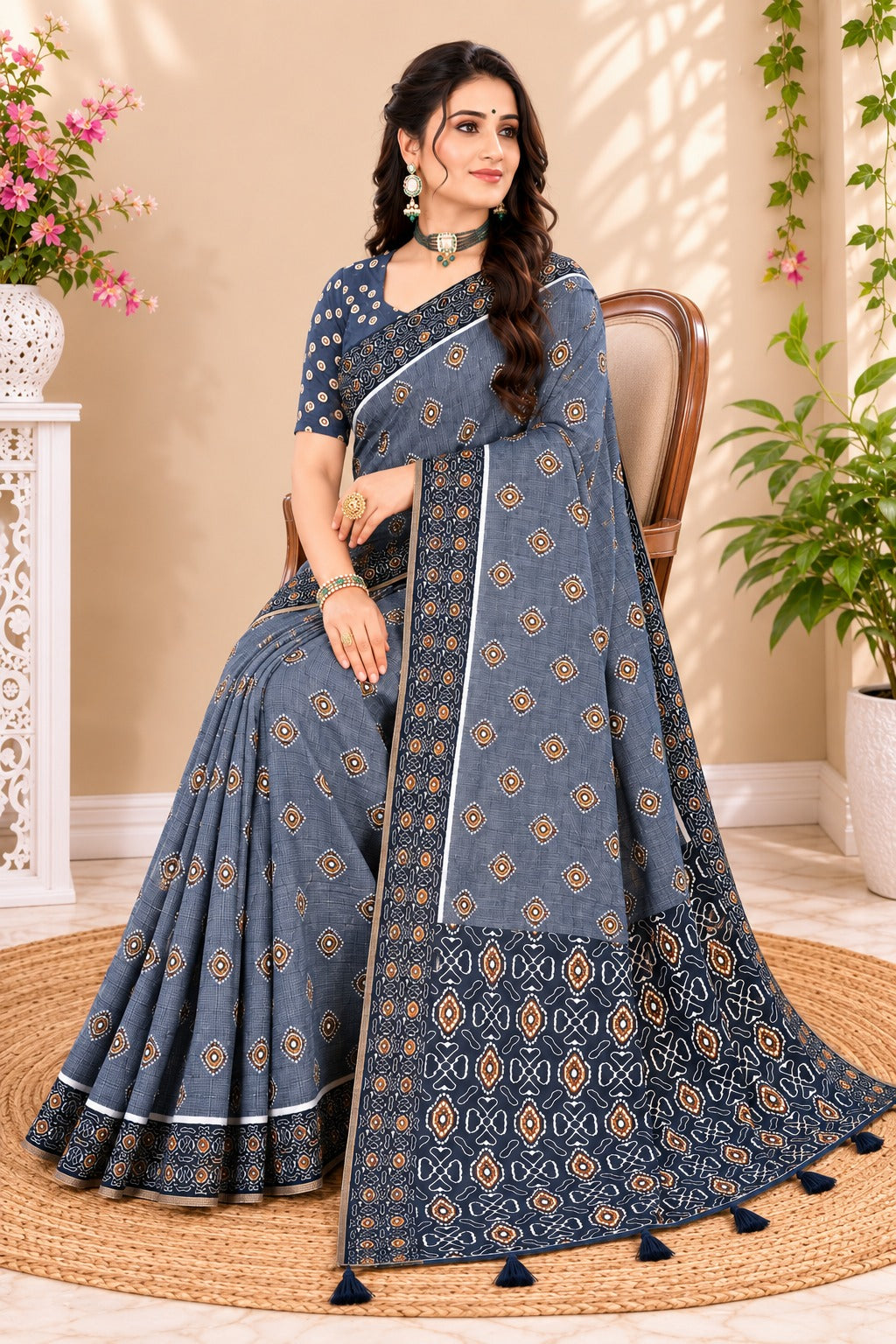 Neelvastra Ajrakh Buti Linen Cotton Saree with Indigo Designer Pallu