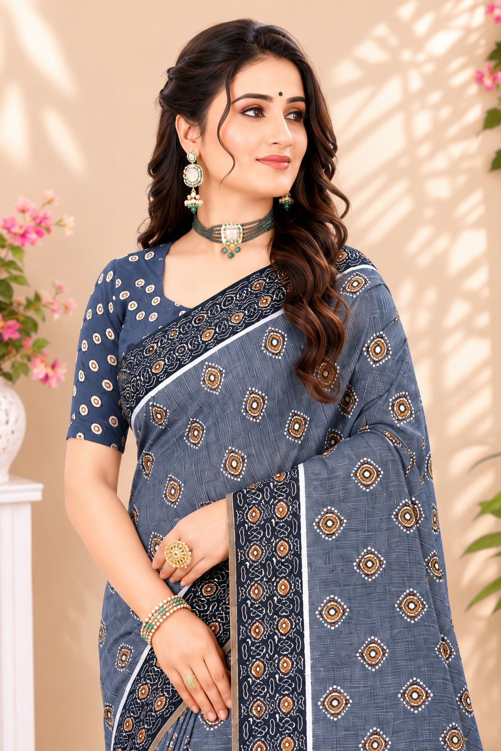Neelvastra Ajrakh Buti Linen Cotton Saree with Indigo Designer Pallu