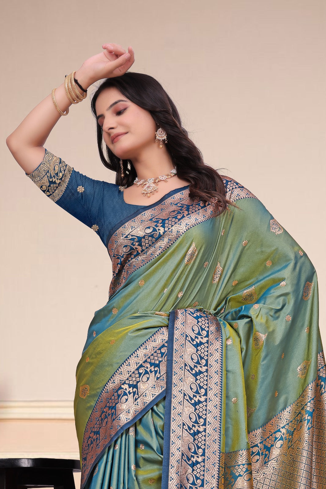 Elegant Dusty Teal Blue 50/600 Silk Saree with Royal Blue Zari Border & Traditional Pallu