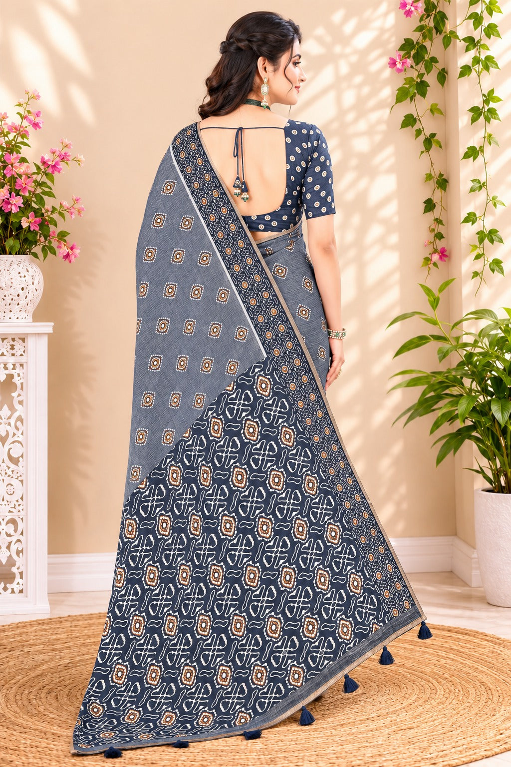 Neelvastra Ajrakh Buti Linen Cotton Saree with Indigo Designer Pallu