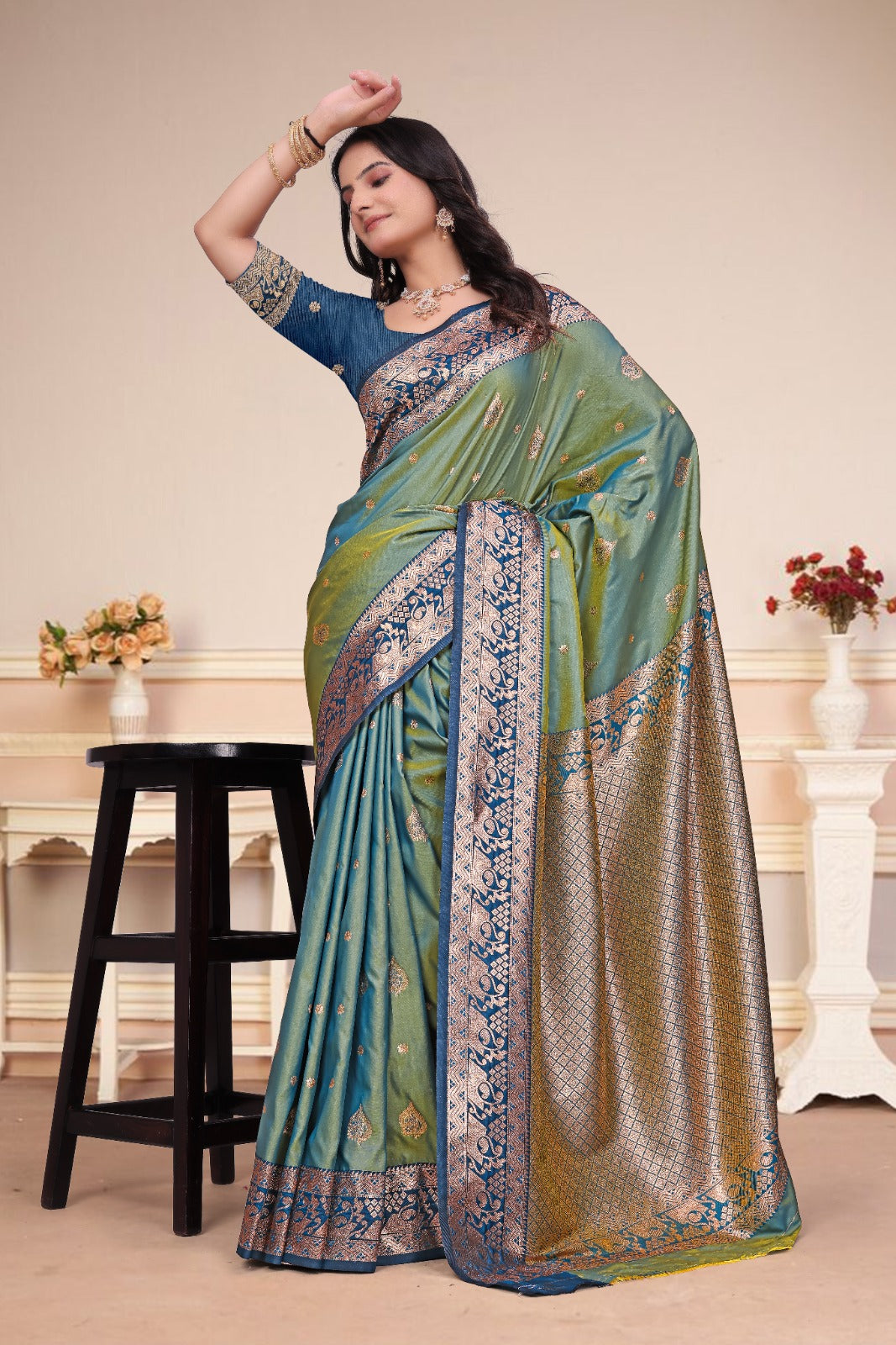 Elegant Dusty Teal Blue 50/600 Silk Saree with Royal Blue Zari Border & Traditional Pallu