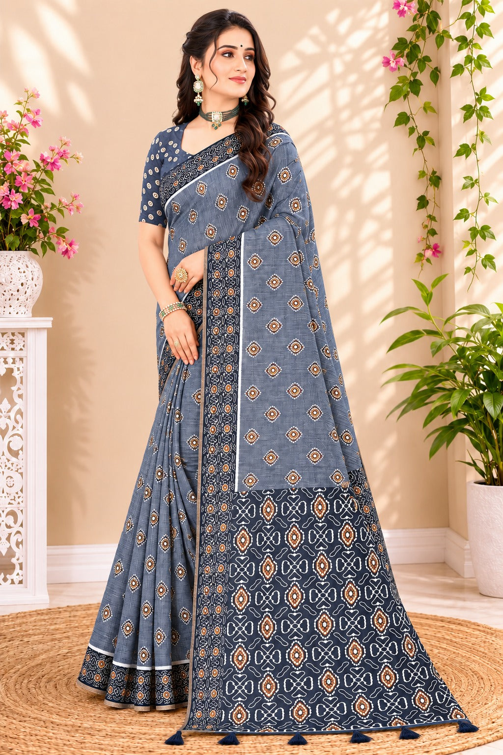 Neelvastra Ajrakh Buti Linen Cotton Saree with Indigo Designer Pallu
