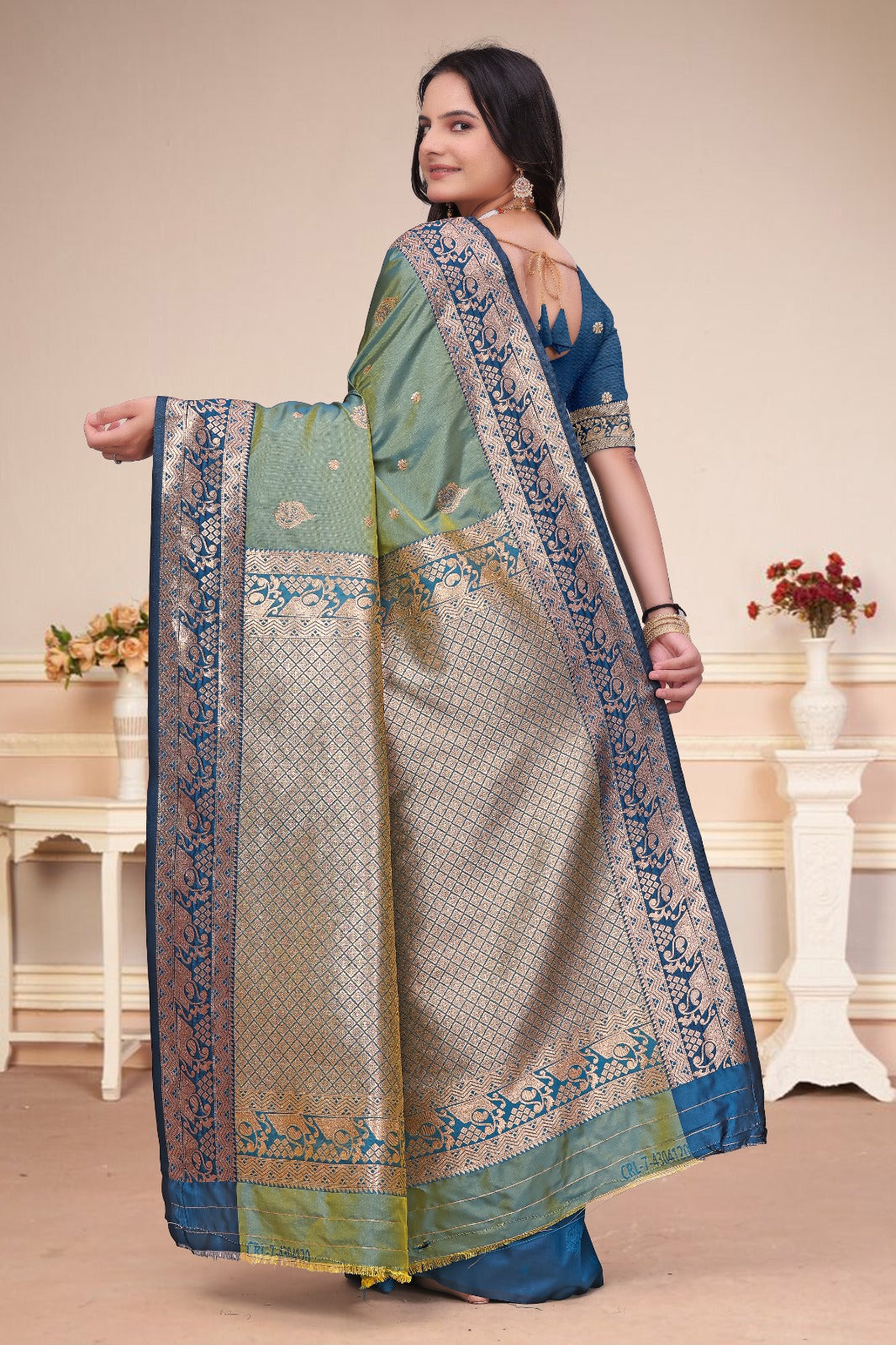 Elegant Dusty Teal Blue 50/600 Silk Saree with Royal Blue Zari Border & Traditional Pallu