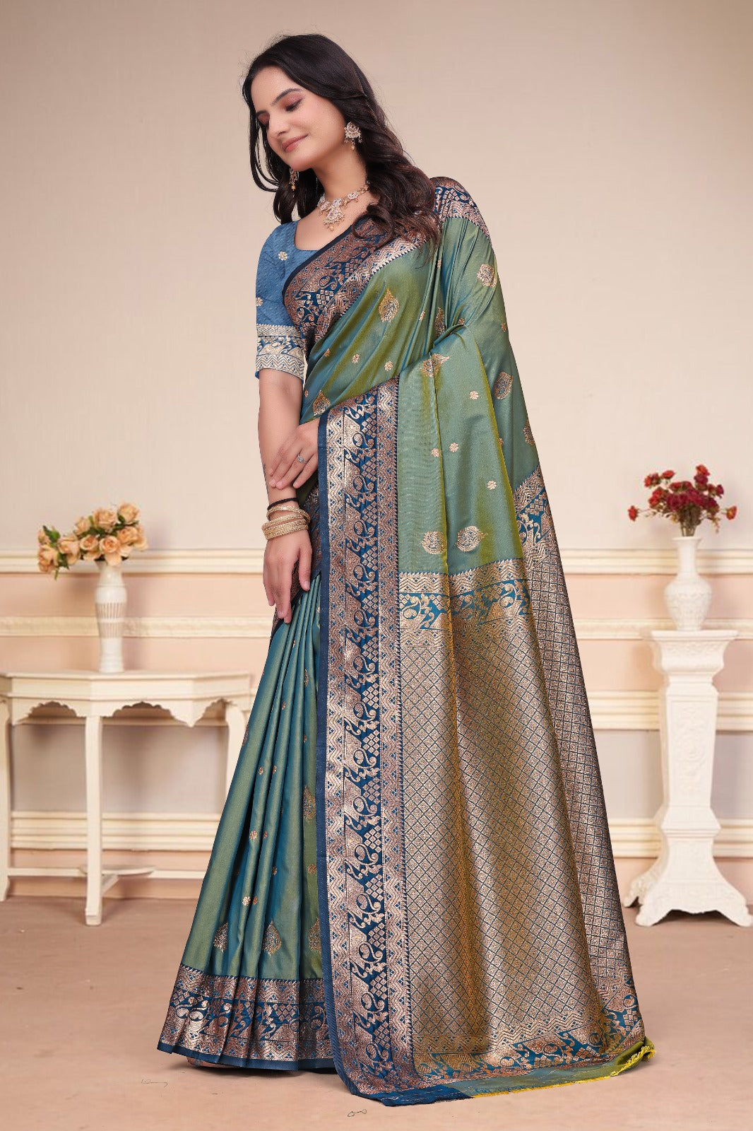 Elegant Dusty Teal Blue 50/600 Silk Saree with Royal Blue Zari Border & Traditional Pallu