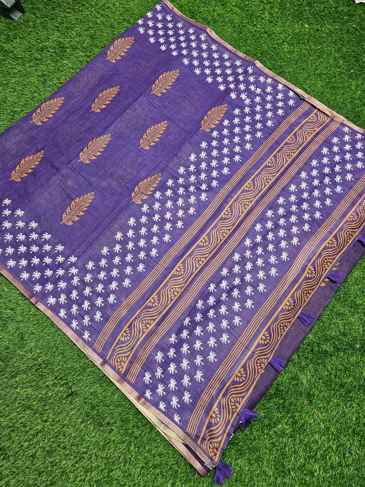 Royal Violet Bandhani Floral Linen Cotton Saree with Tassel Pallu