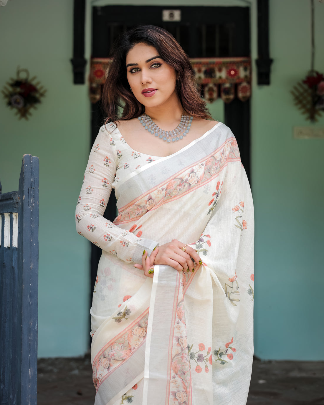 Vintage Garden Print Linen Cotton Saree