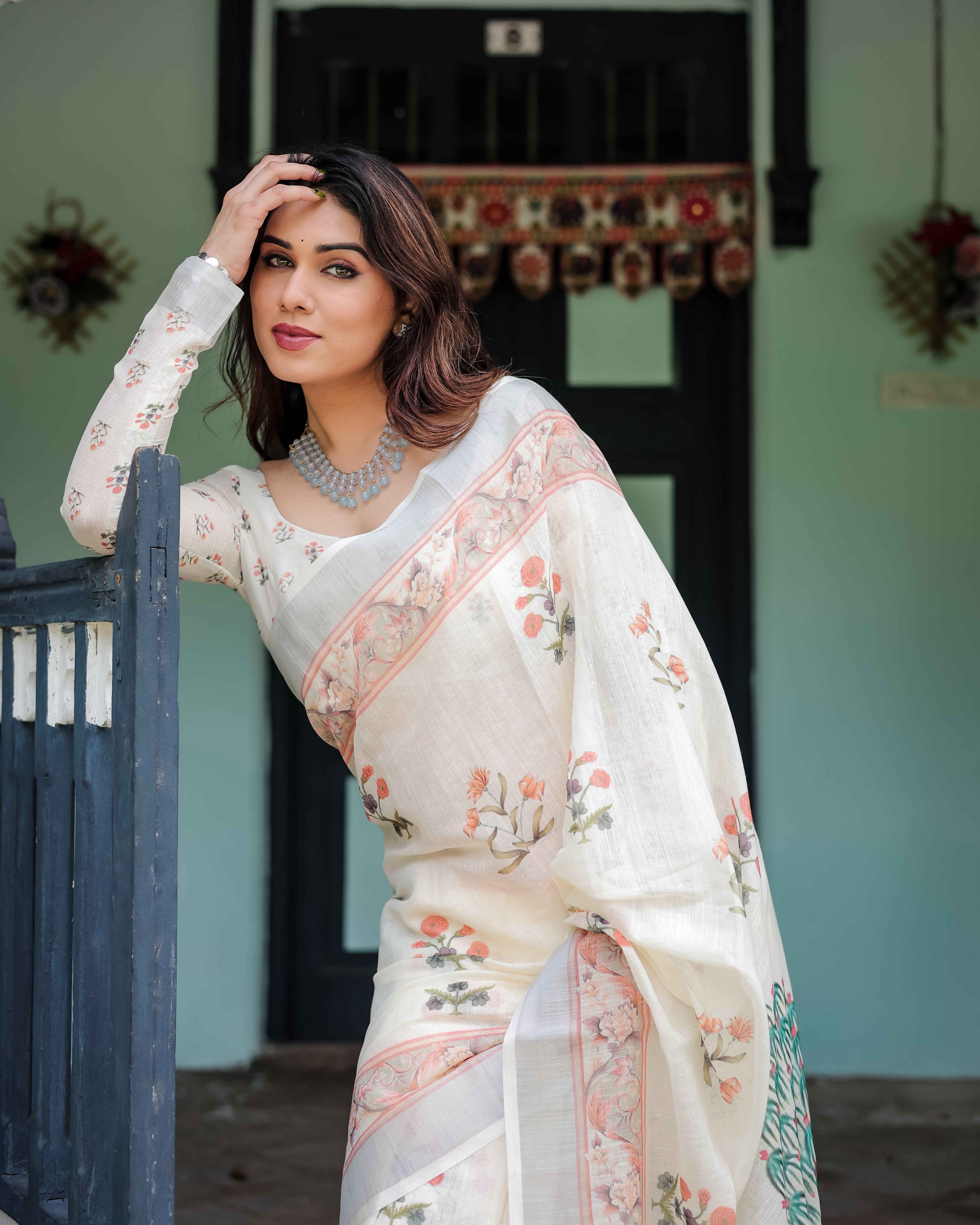 Vintage Garden Print Linen Cotton Saree