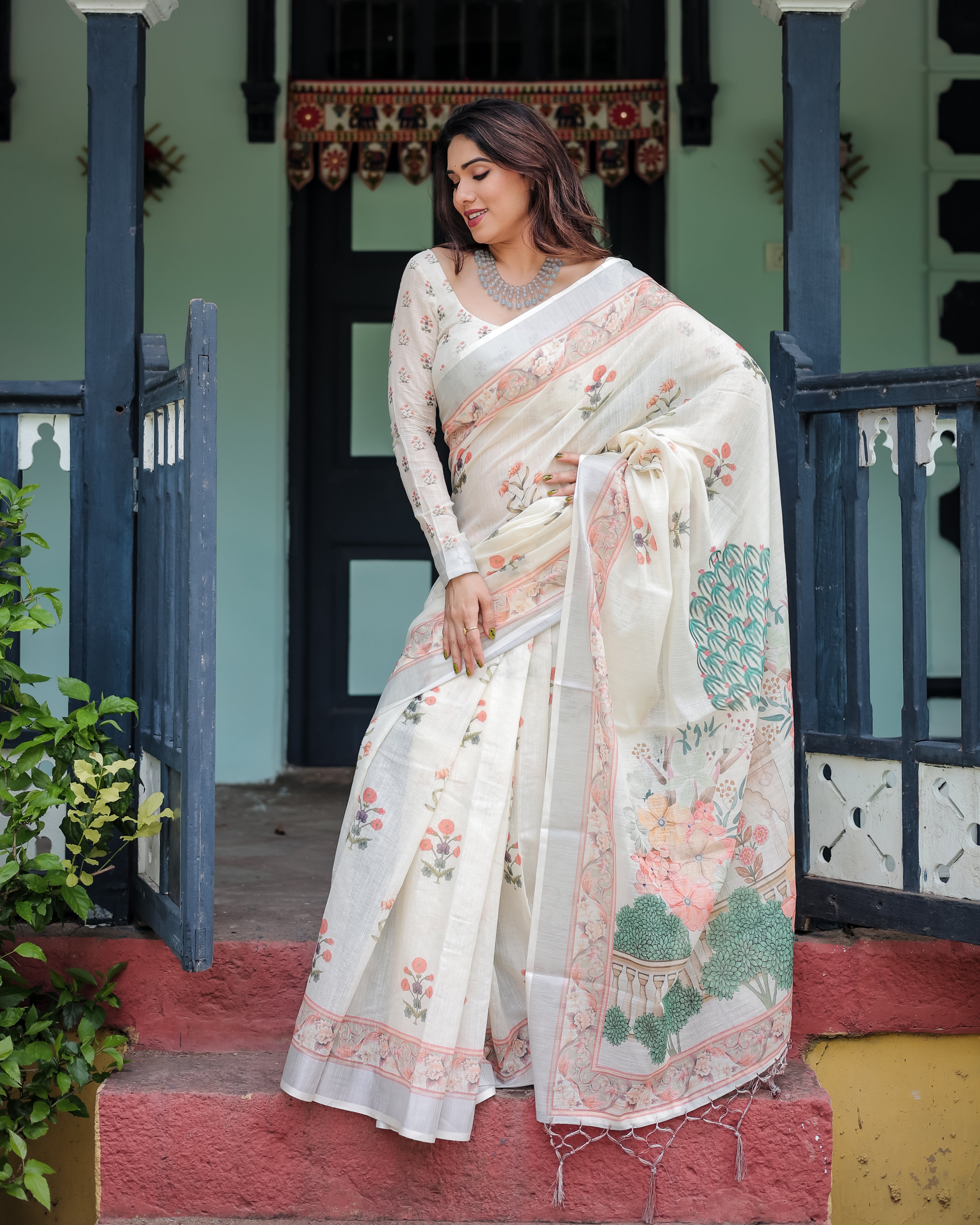 Vintage Garden Print Linen Cotton Saree