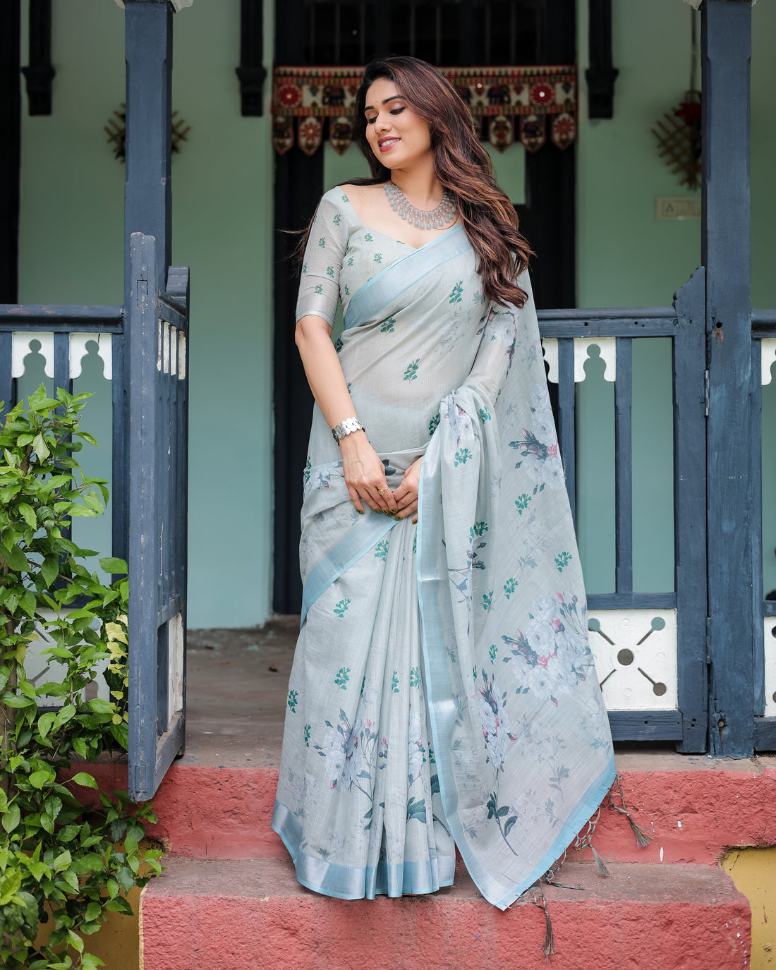 Mint Whisper Floral Linen Saree