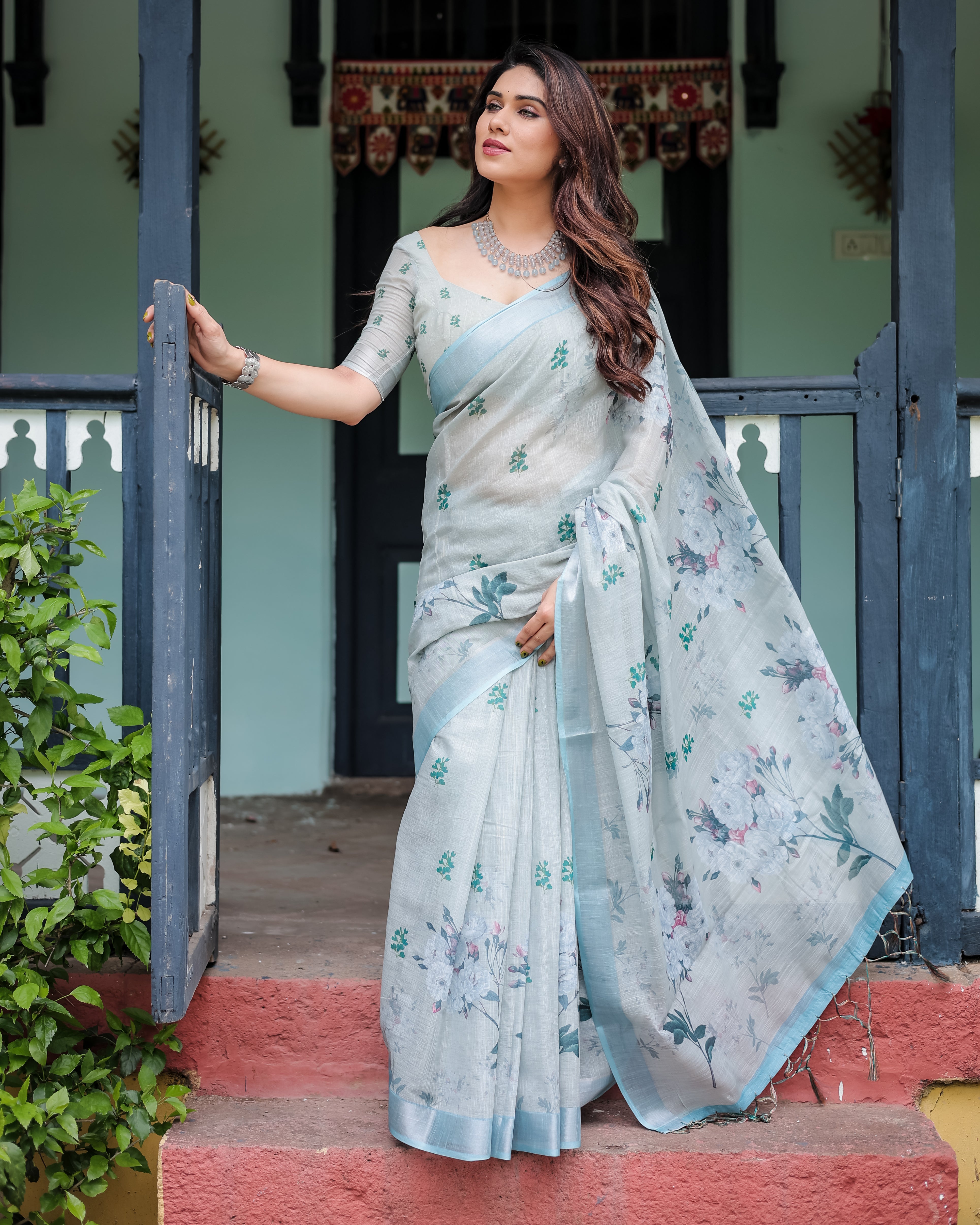 Mint Whisper Floral Linen Saree