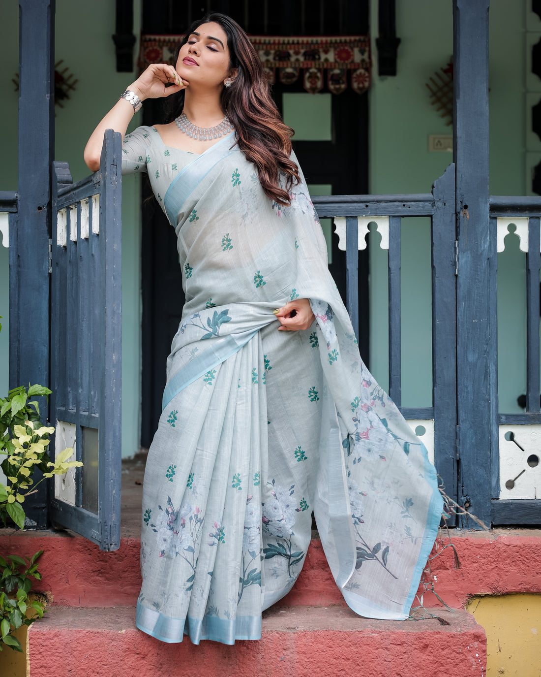 Mint Whisper Floral Linen Saree