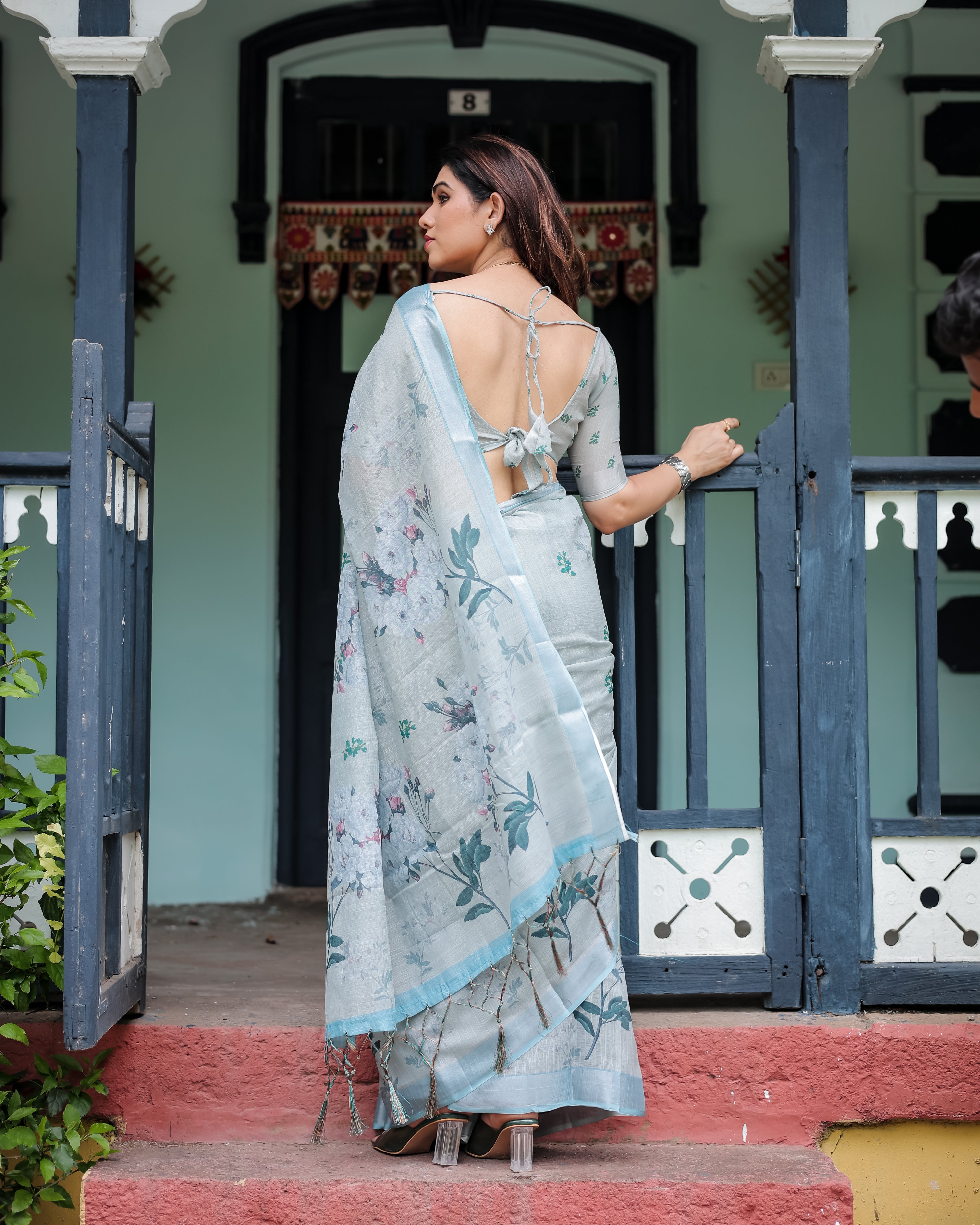 Mint Whisper Floral Linen Saree