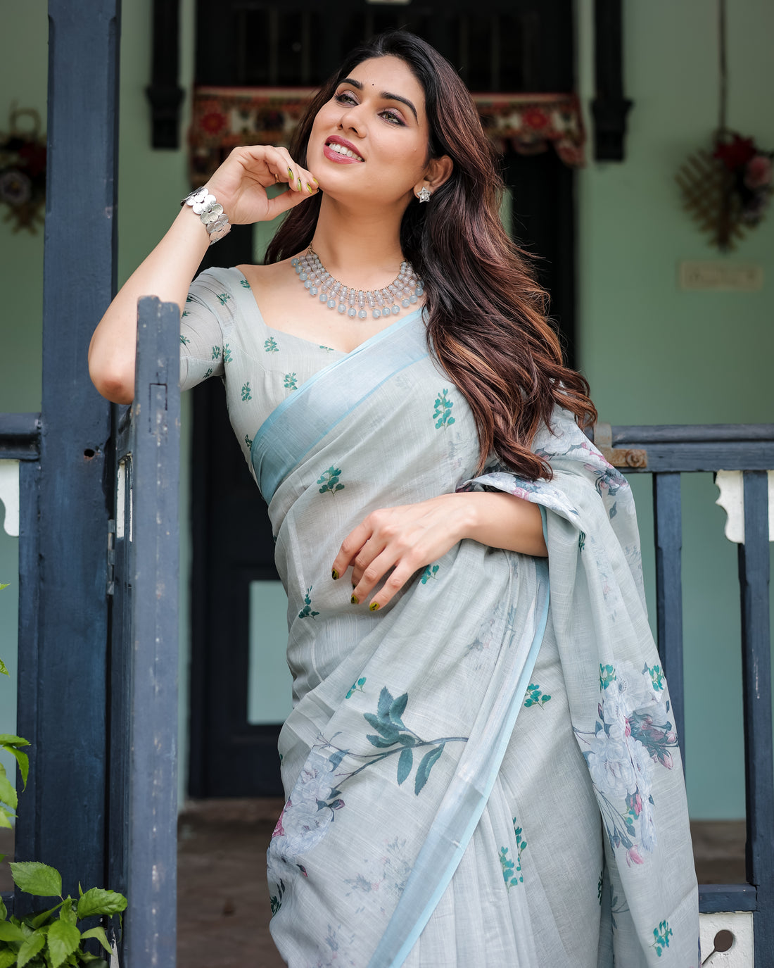 Mint Whisper Floral Linen Saree