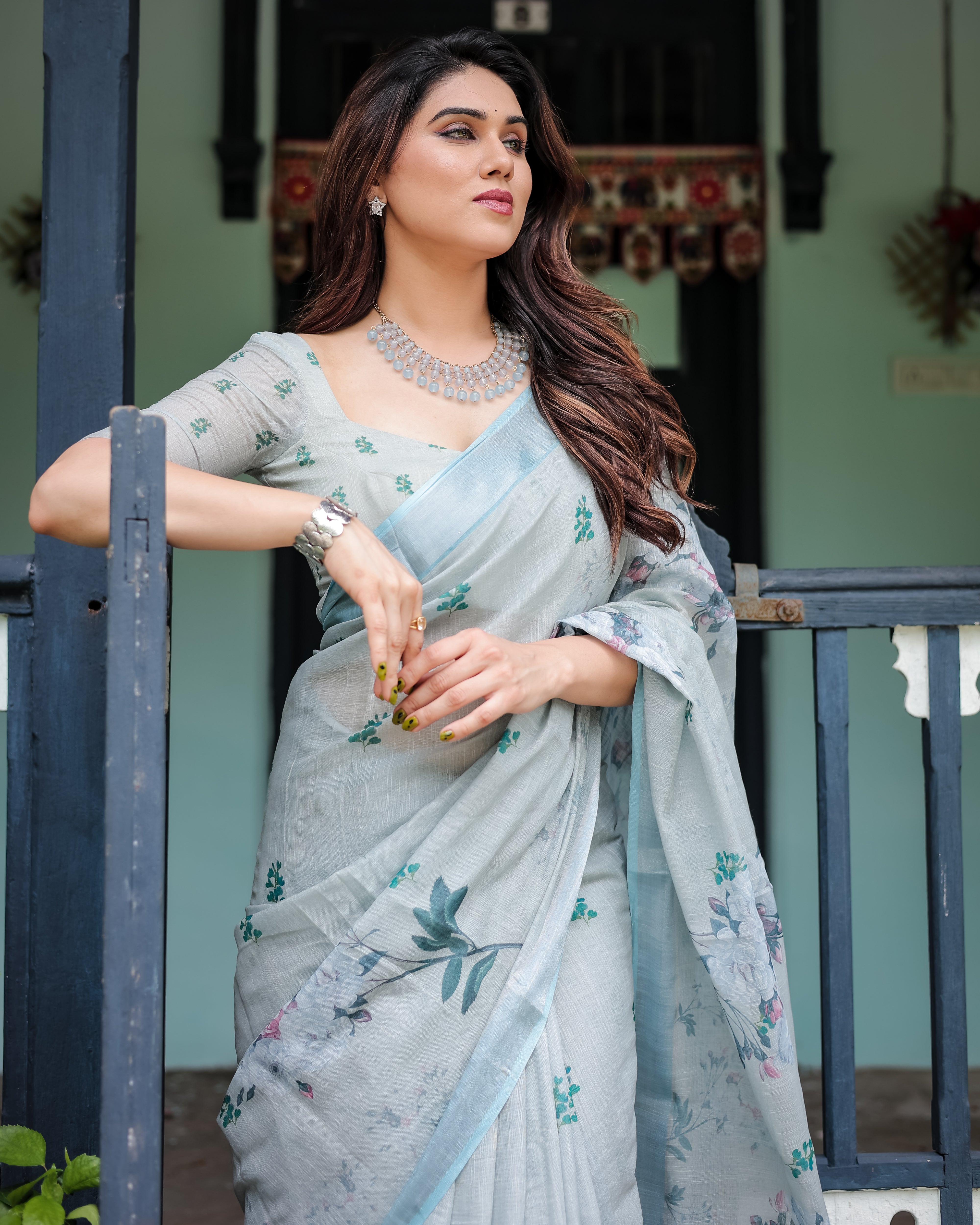 Mint Whisper Floral Linen Saree