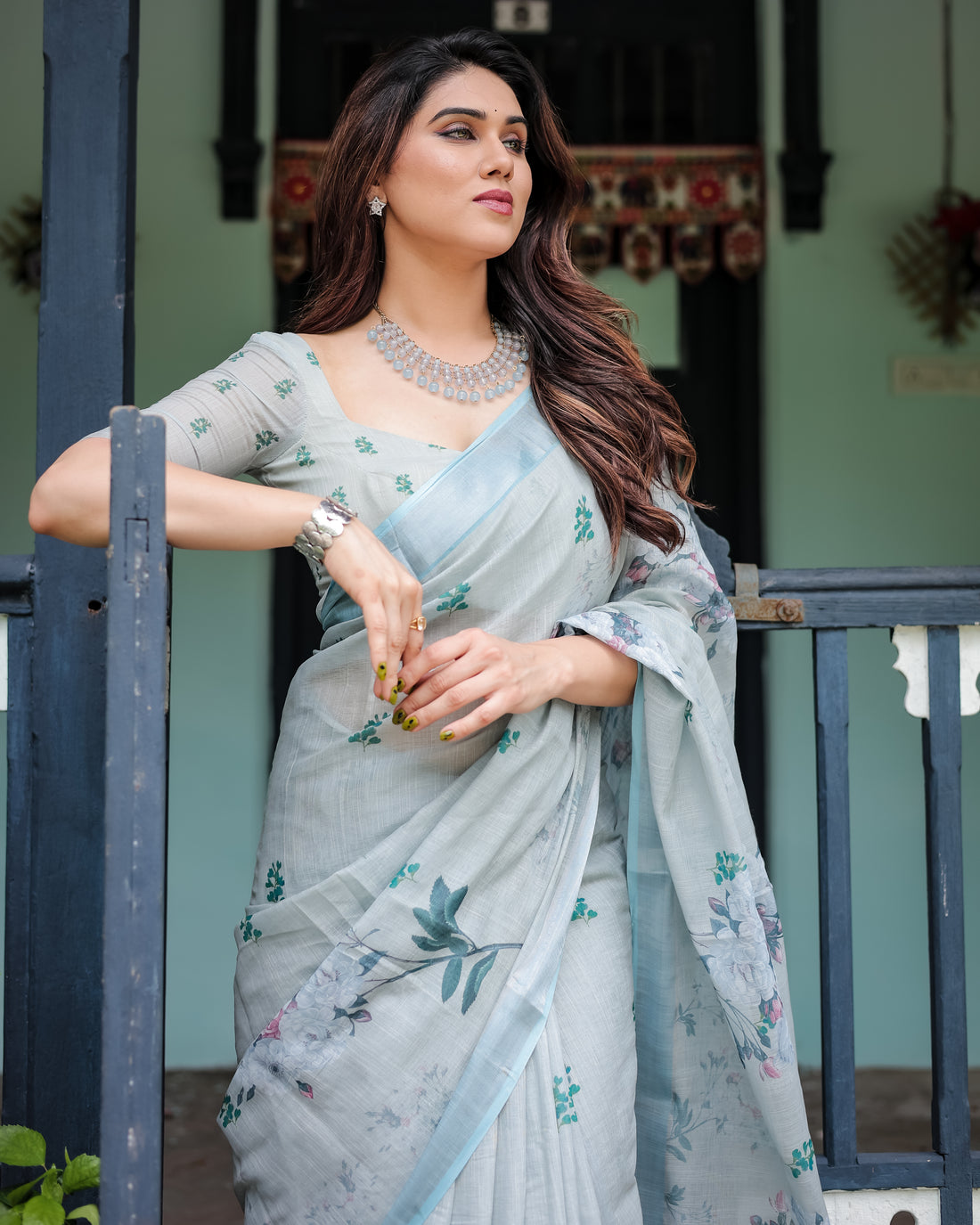 Mint Whisper Floral Linen Saree