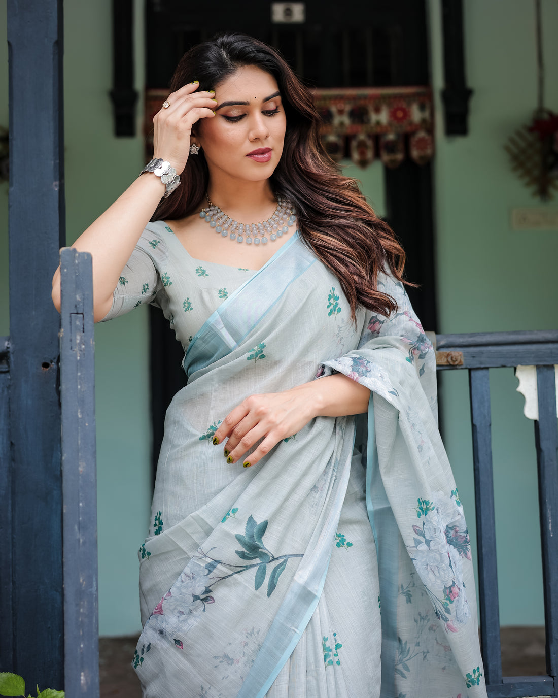Mint Whisper Floral Linen Saree
