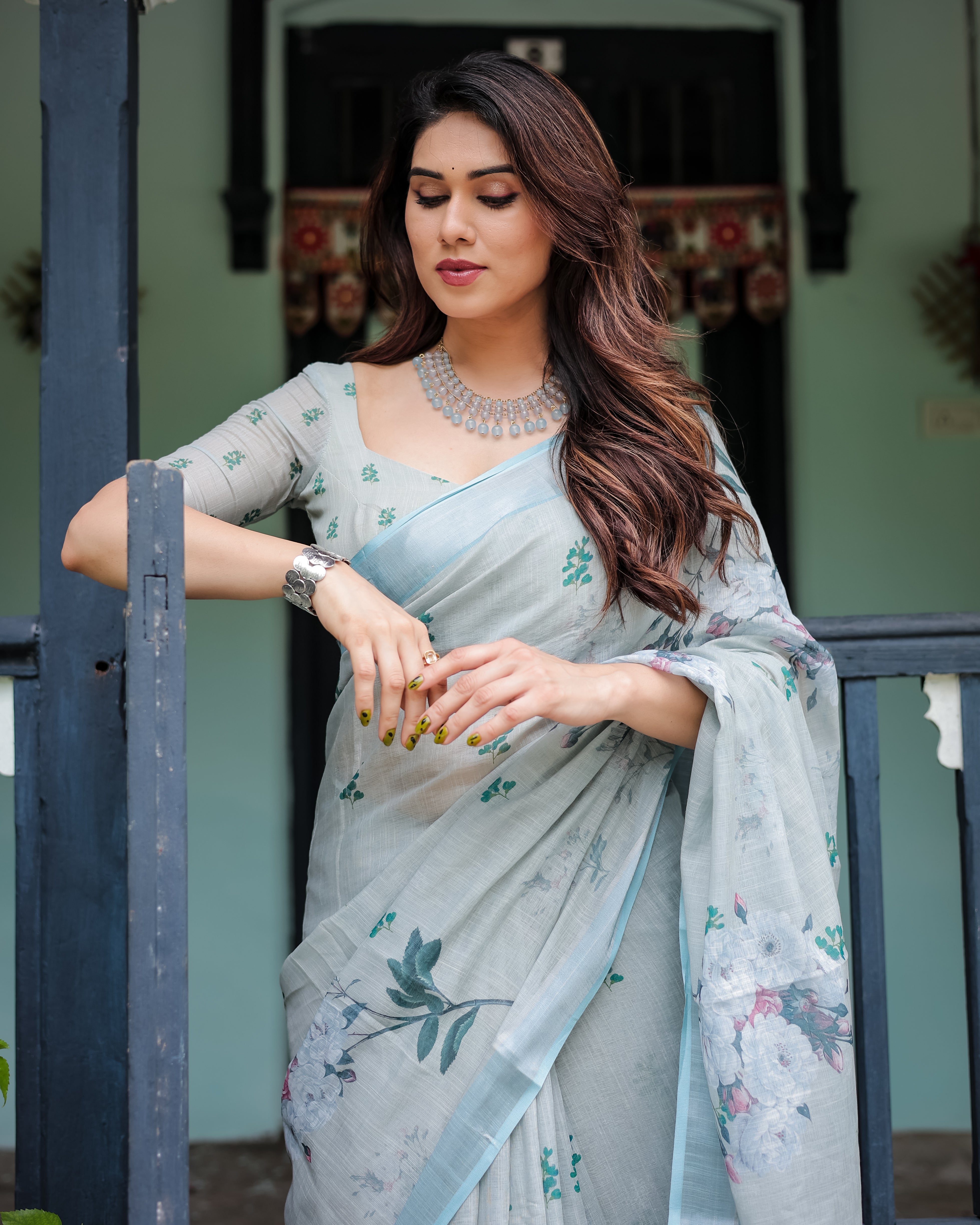 Mint Whisper Floral Linen Saree