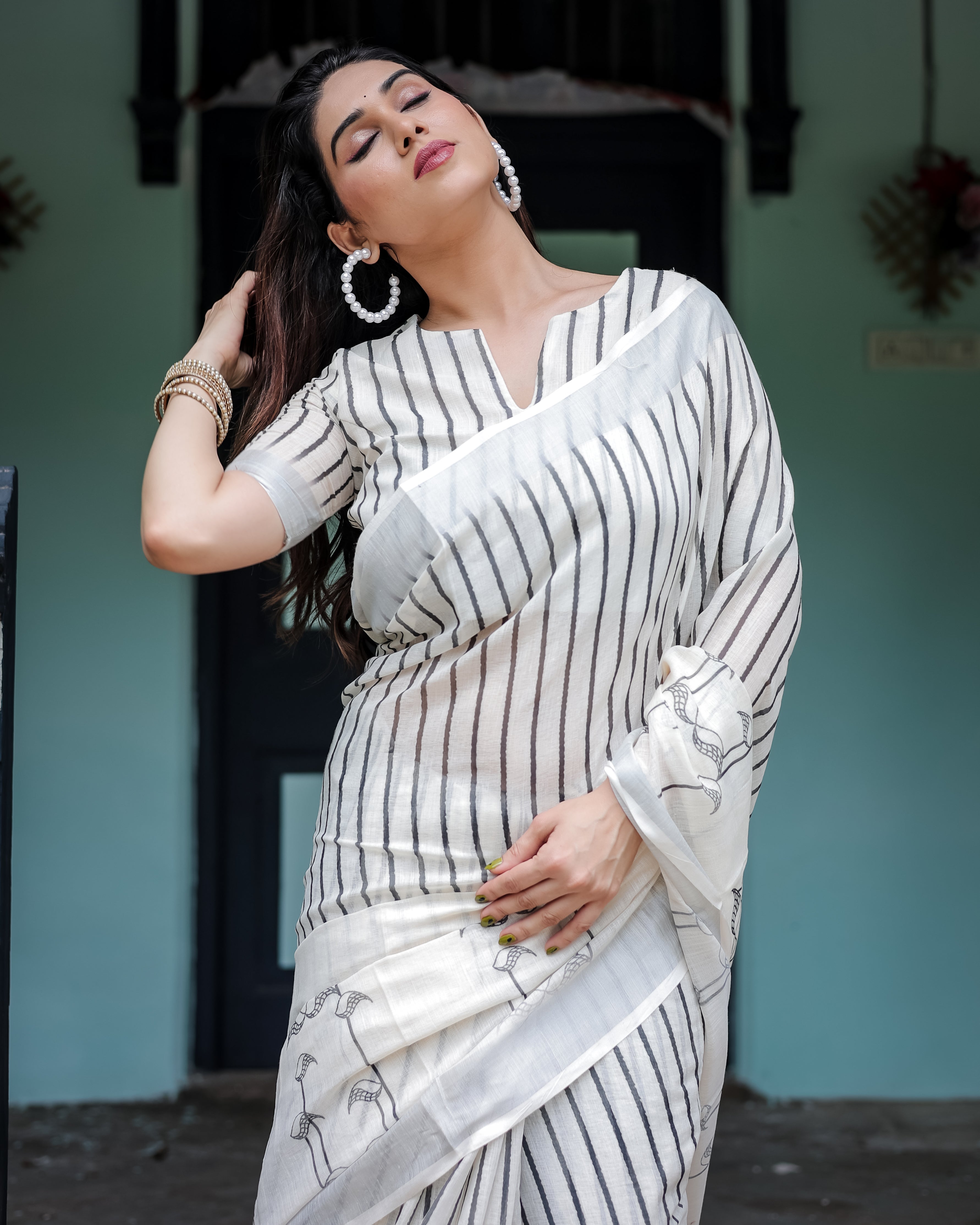 Classic Ivory & Grey Stripe Linen Cotton Saree