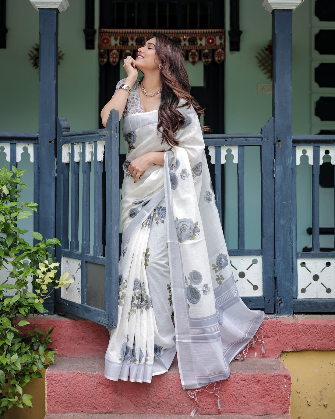 Elegant Mist Grey Floral Linen Cotton Saree