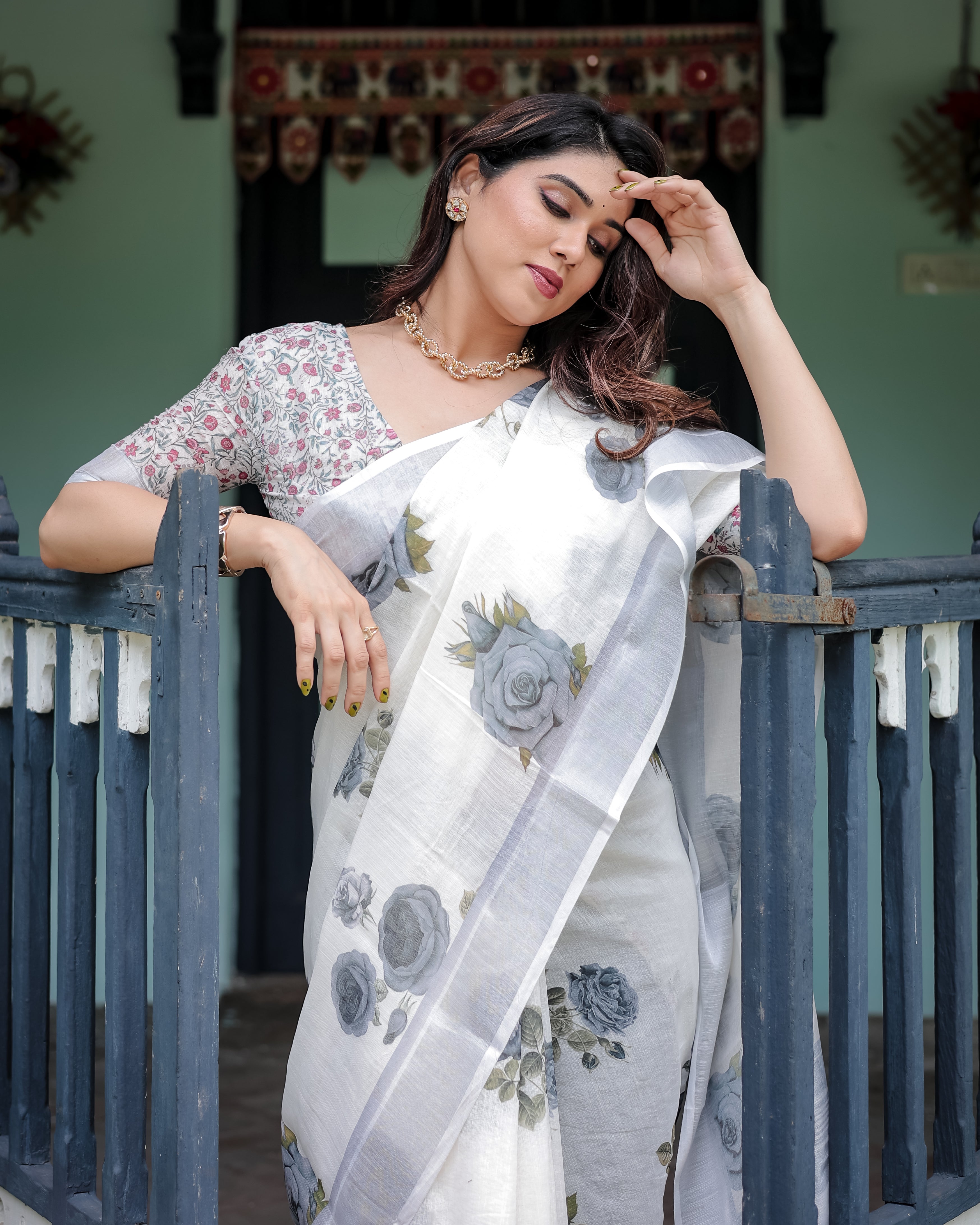 Elegant Mist Grey Floral Linen Cotton Saree