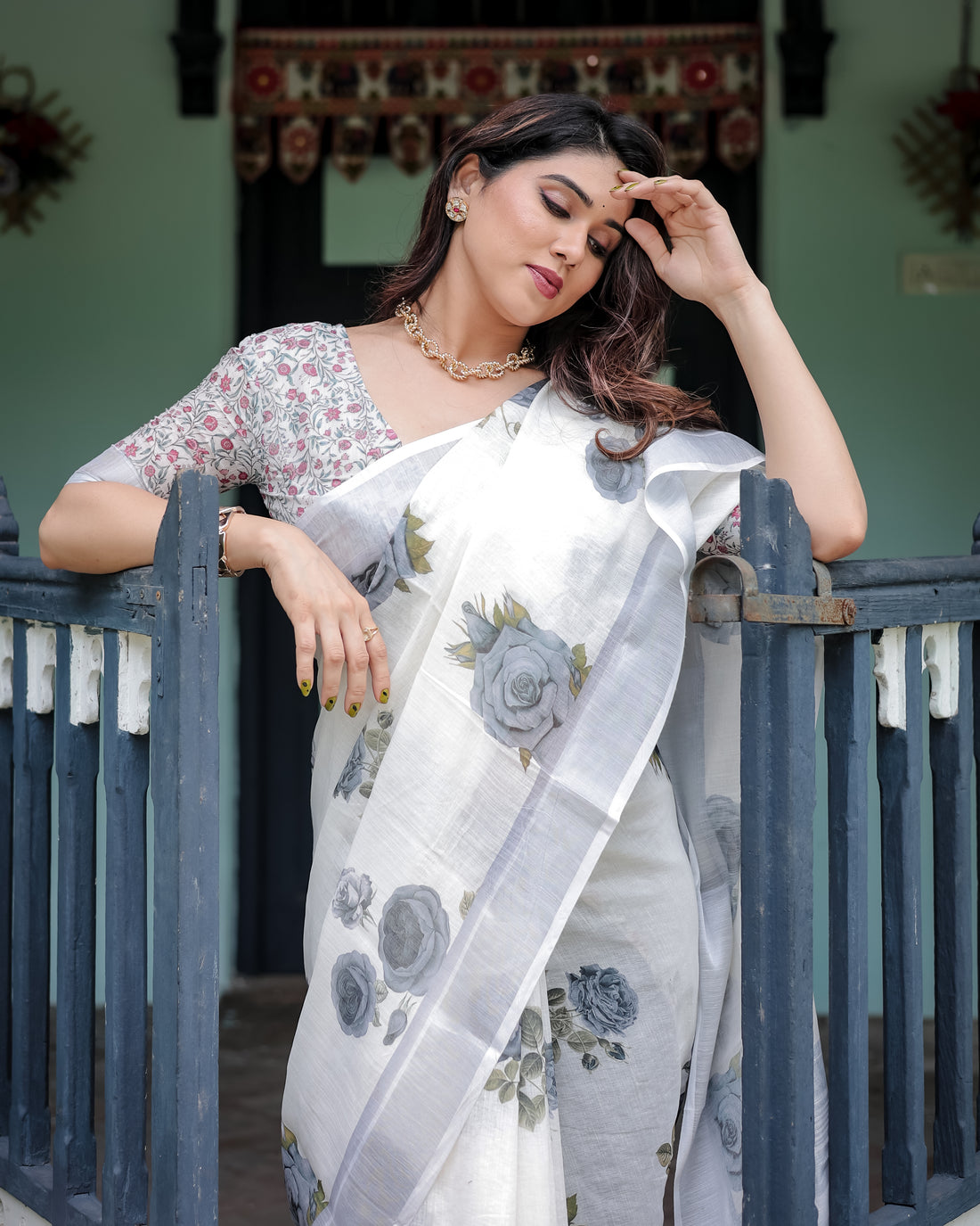 Elegant Mist Grey Floral Linen Cotton Saree