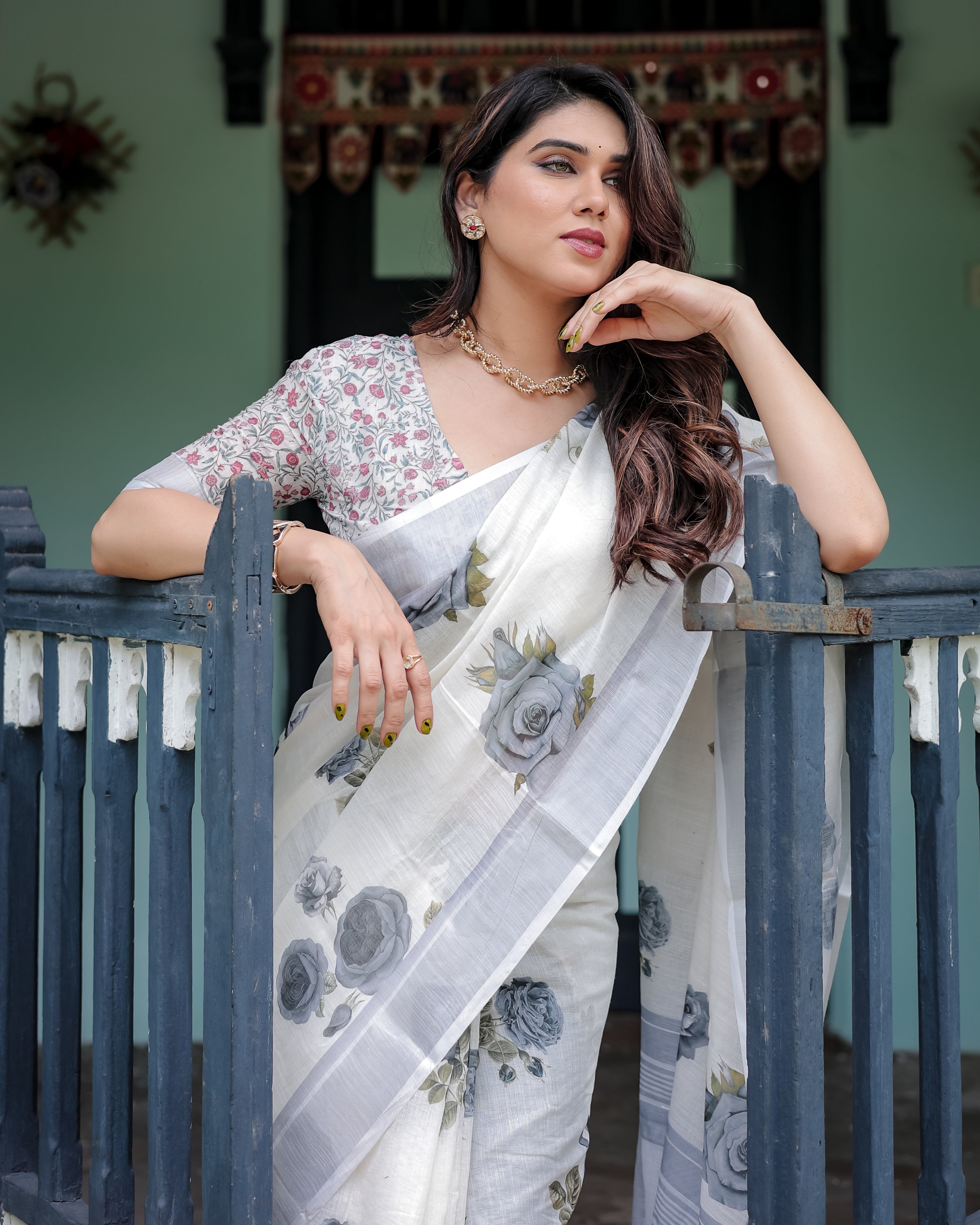 Elegant Mist Grey Floral Linen Cotton Saree