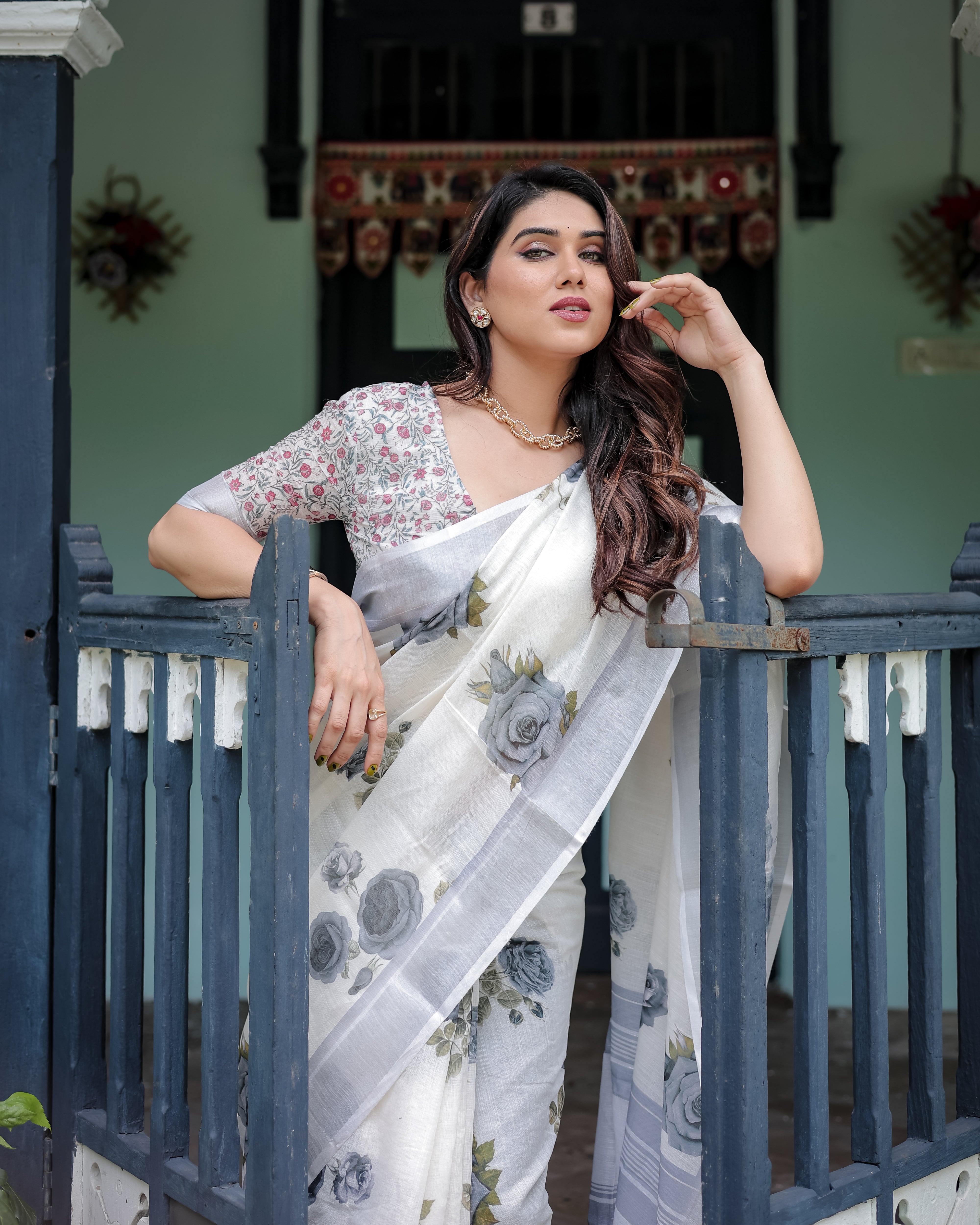Elegant Mist Grey Floral Linen Cotton Saree