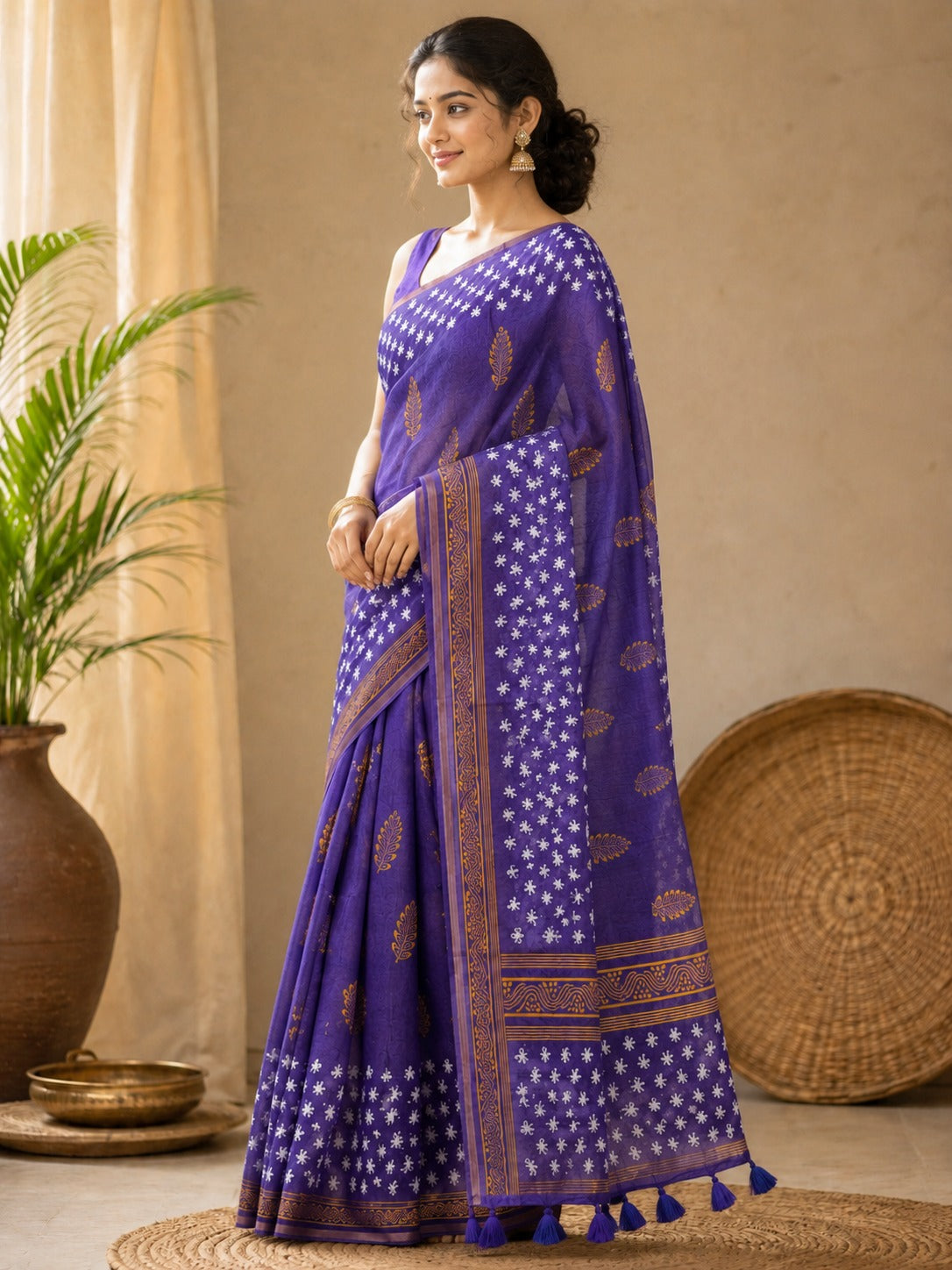 Royal Violet Bandhani Floral Linen Cotton Saree with Tassel Pallu