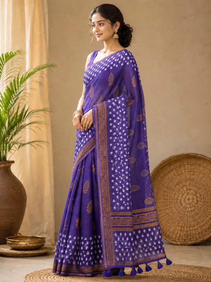Royal Violet Bandhani Floral Linen Cotton Saree with Tassel Pallu