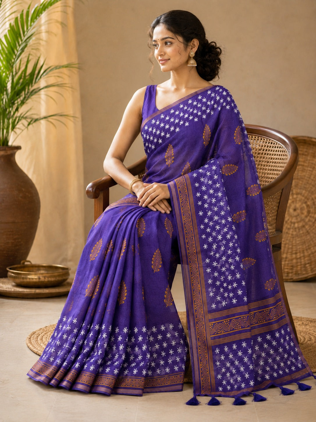 Royal Violet Bandhani Floral Linen Cotton Saree with Tassel Pallu