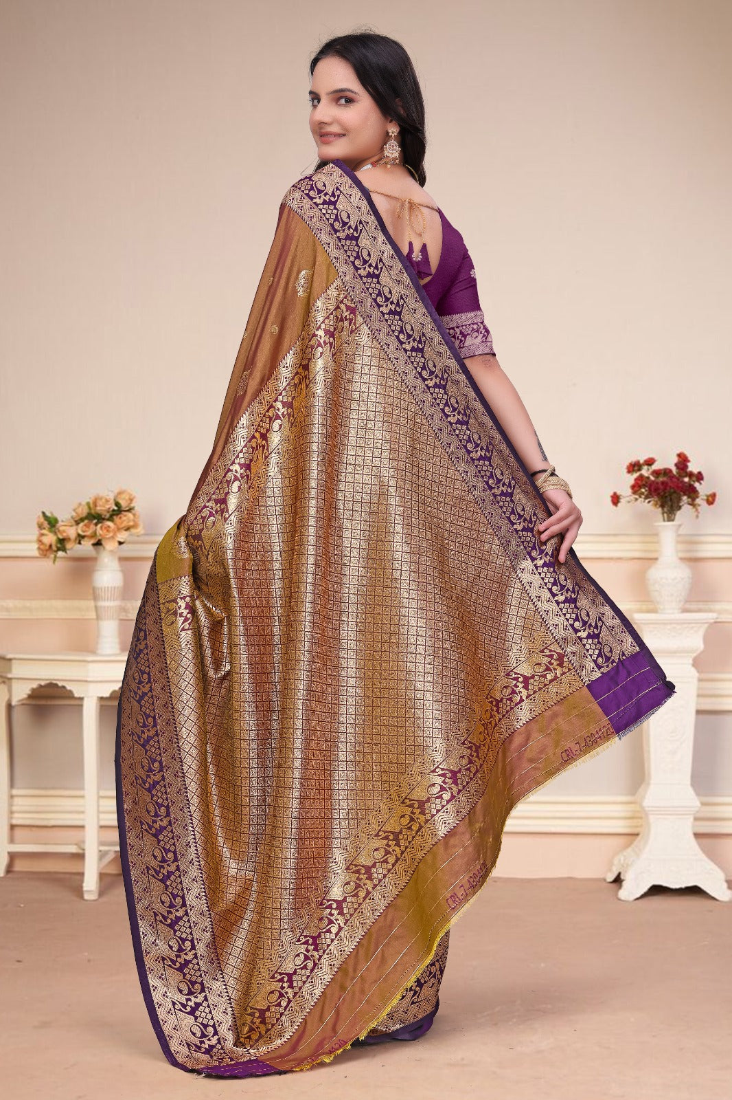 Elegant Antique Gold & Purple 50/600 Silk Saree with Designer Zari Border & Rich Woven Pallu