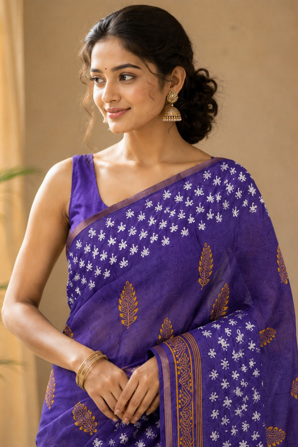 Woman wearing a purple saree with white patterns indoors