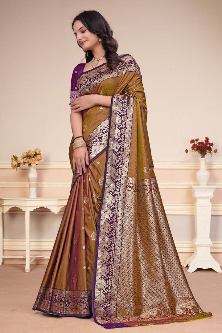 Elegant Antique Gold & Purple 50/600 Silk Saree with Designer Zari Border & Rich Woven Pallu
