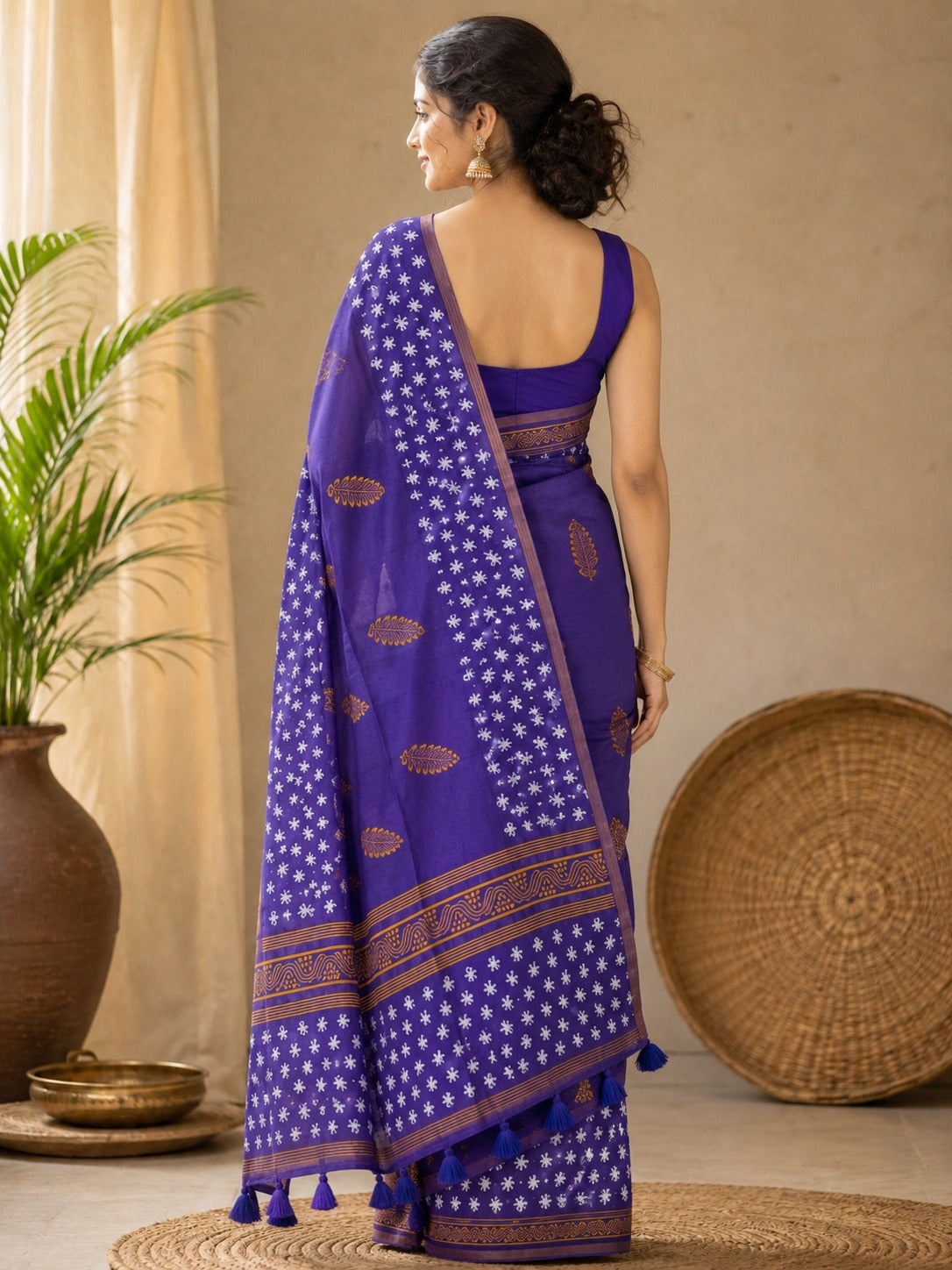Royal Violet Bandhani Floral Linen Cotton Saree with Tassel Pallu