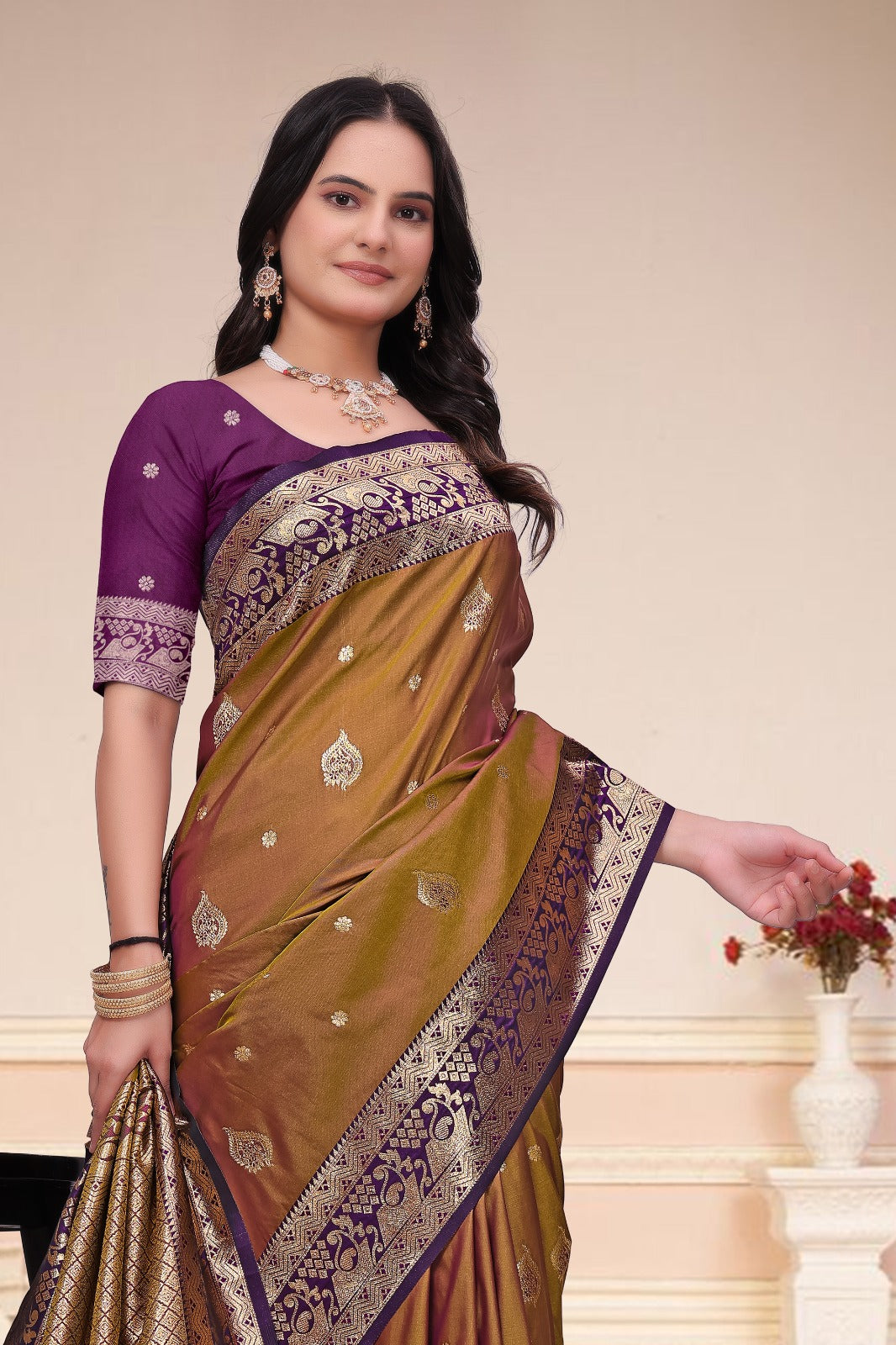 Elegant Antique Gold & Purple 50/600 Silk Saree with Designer Zari Border & Rich Woven Pallu