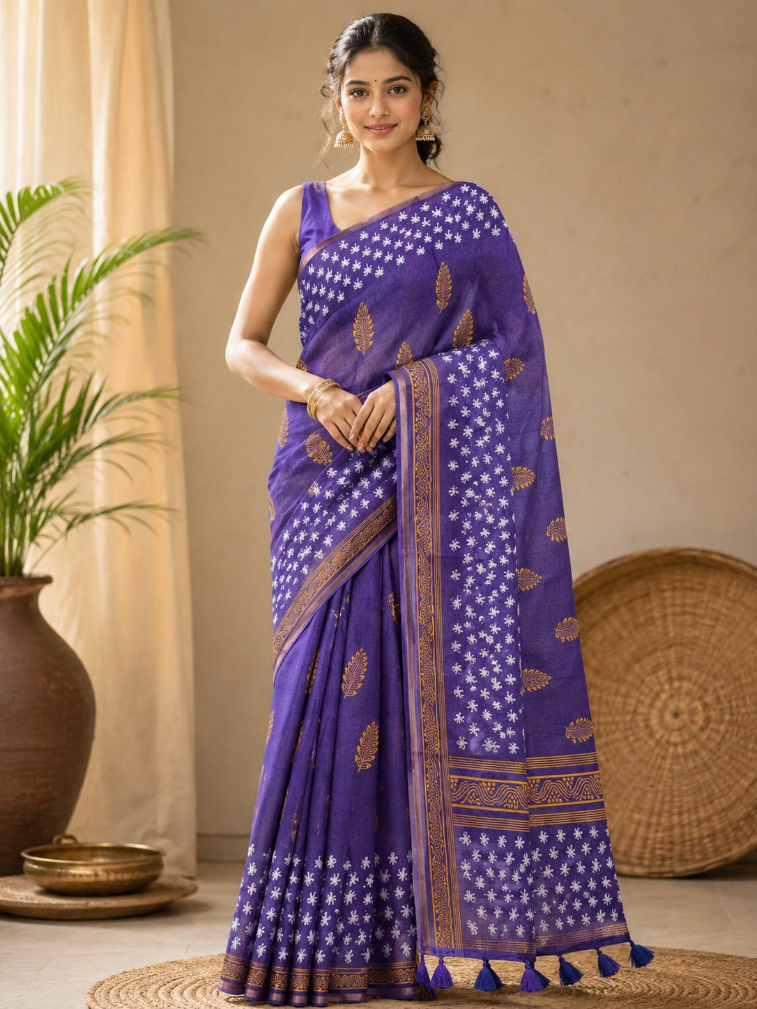Royal Violet Bandhani Floral Linen Cotton Saree with Tassel Pallu