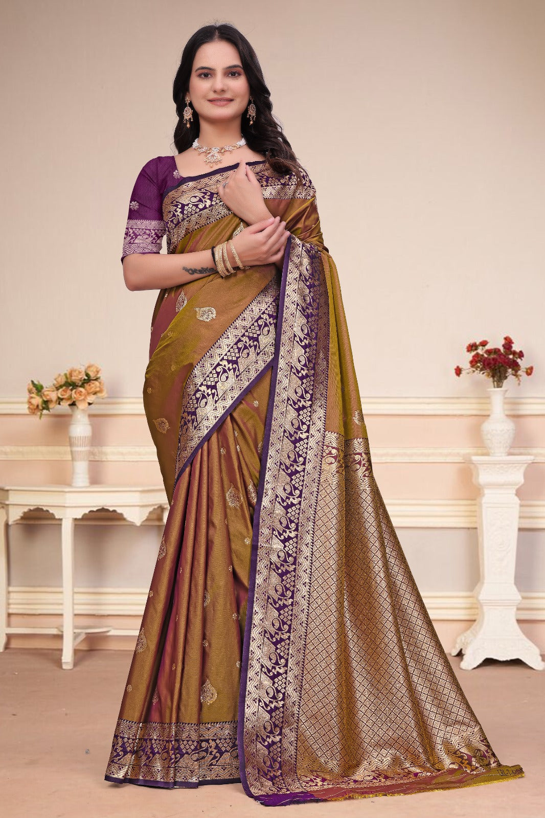 Elegant Antique Gold & Purple 50/600 Silk Saree with Designer Zari Border & Rich Woven Pallu