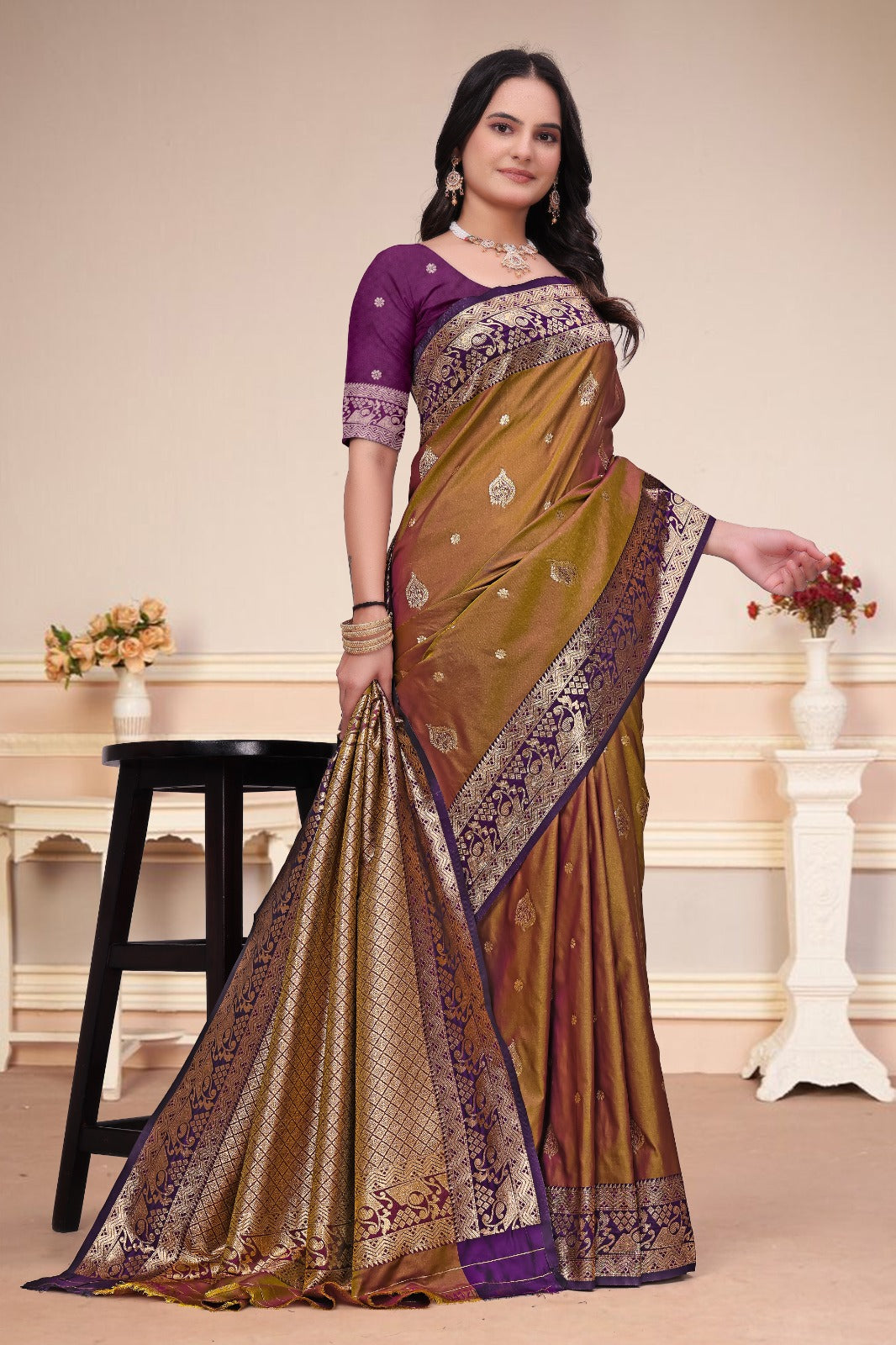 Elegant Antique Gold & Purple 50/600 Silk Saree with Designer Zari Border & Rich Woven Pallu