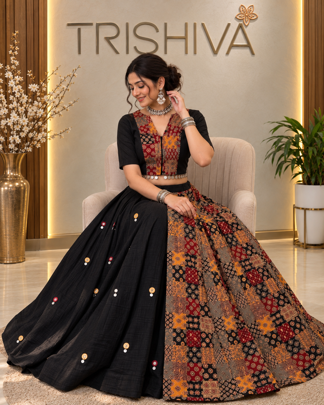 Black Ajrakh Mirror Work Lehenga Choli