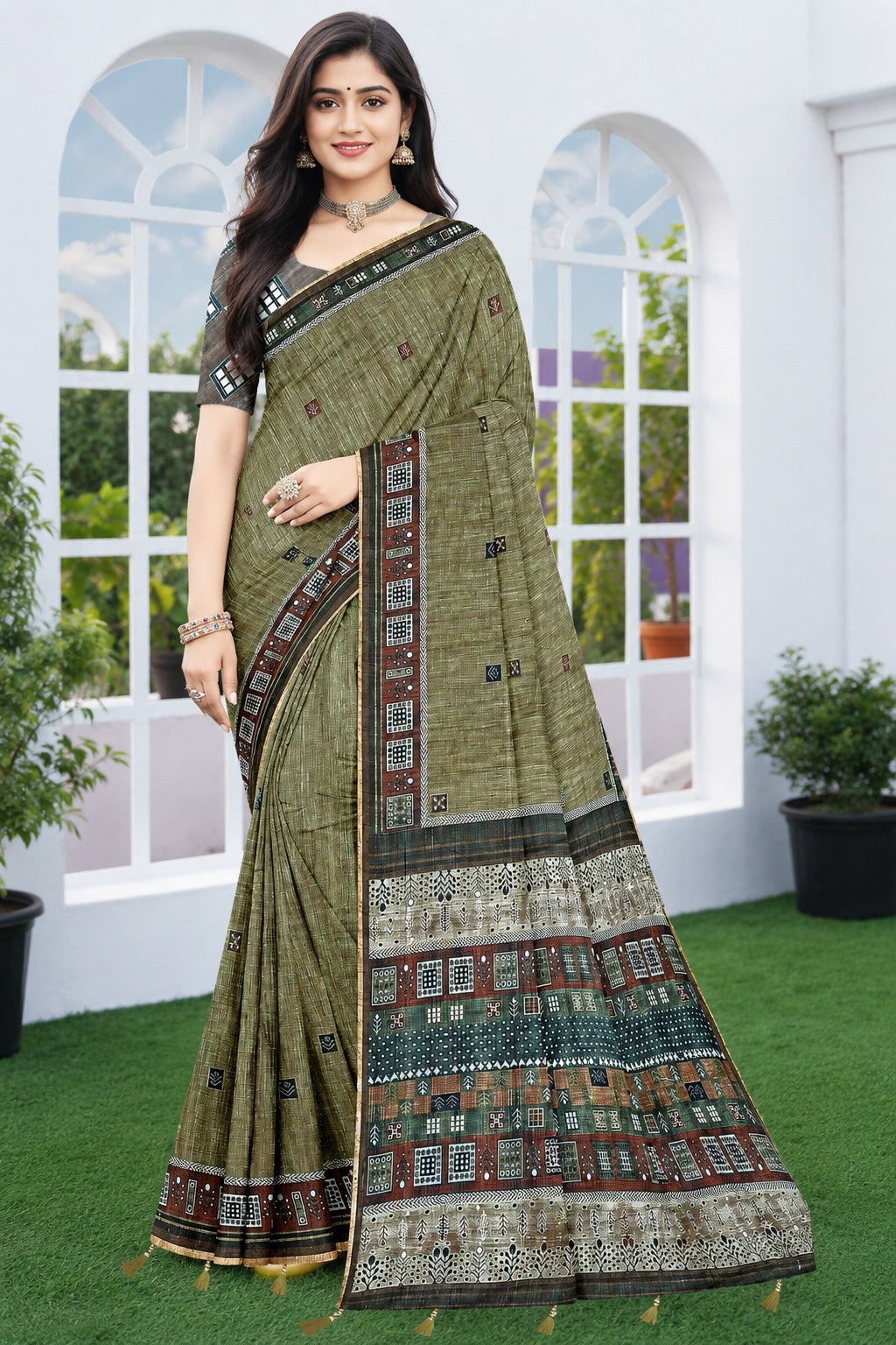 Olive Heritage Grid Linen Cotton Saree with Tribal Mosaic Pallu