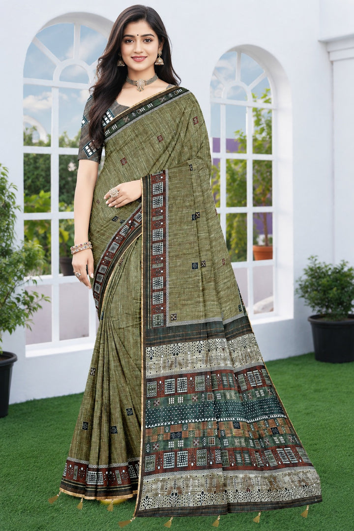 Olive Heritage Grid Linen Cotton Saree with Tribal Mosaic Pallu