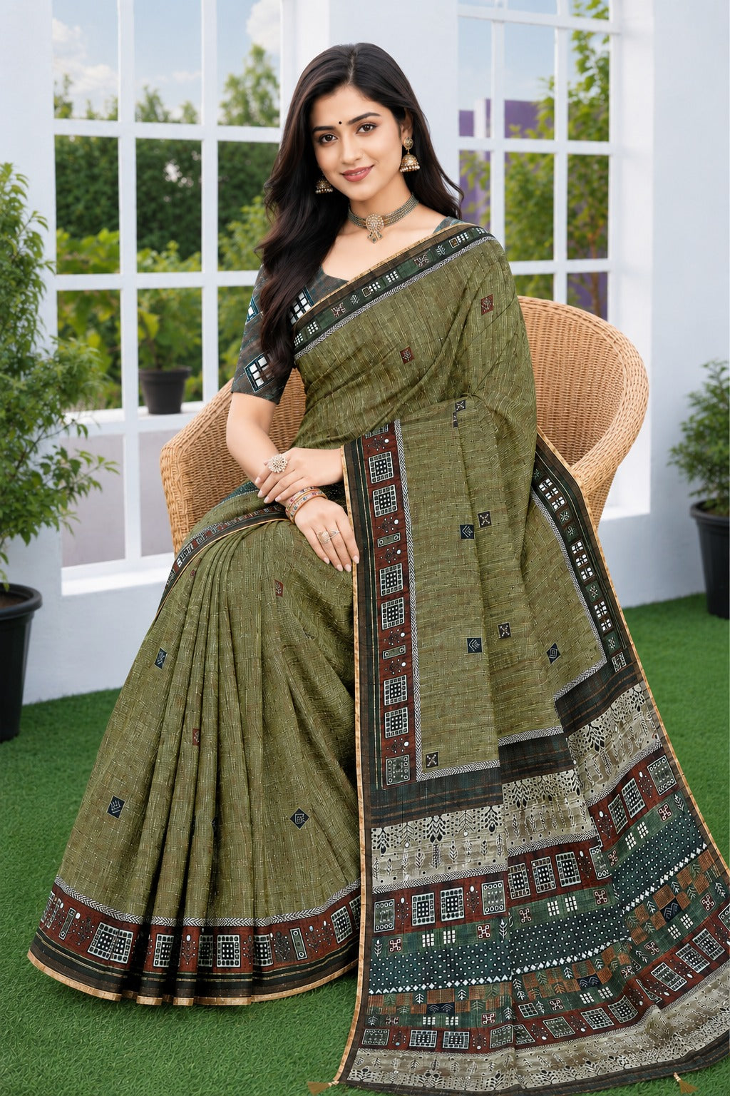 Olive Heritage Grid Linen Cotton Saree with Tribal Mosaic Pallu
