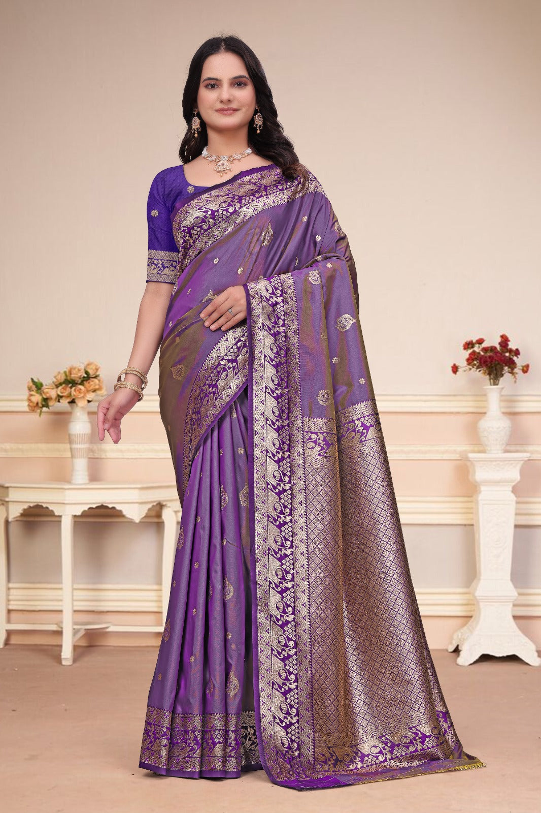 Elegant Royal Purple 50/600 Silk Saree with Antique Gold Zari Border & Traditional Pallu