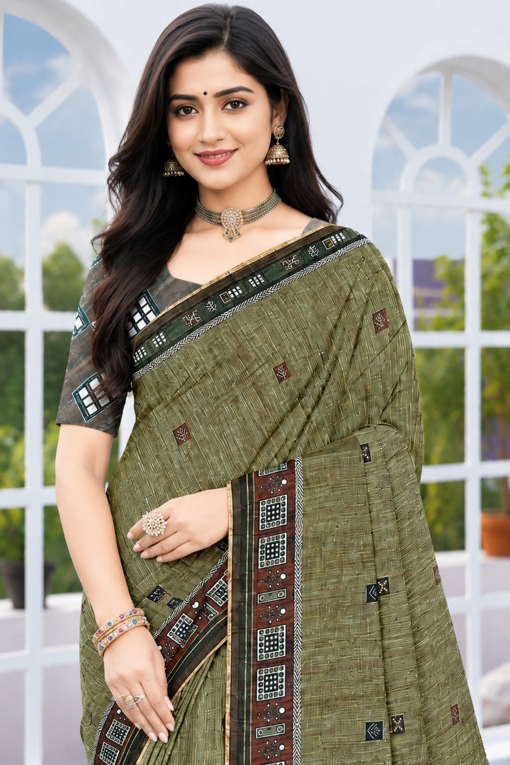 Olive Heritage Grid Linen Cotton Saree with Tribal Mosaic Pallu