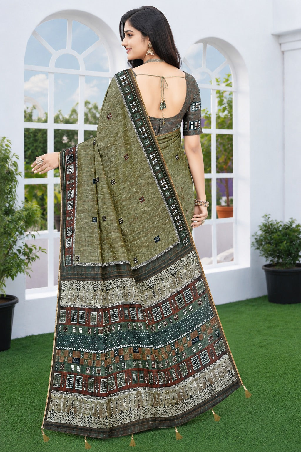 Olive Heritage Grid Linen Cotton Saree with Tribal Mosaic Pallu
