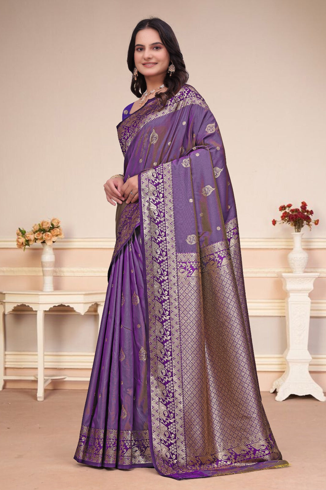 Elegant Royal Purple 50/600 Silk Saree with Antique Gold Zari Border & Traditional Pallu