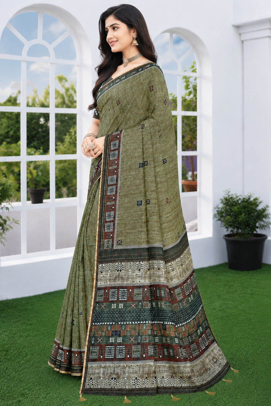 Olive Heritage Grid Linen Cotton Saree with Tribal Mosaic Pallu