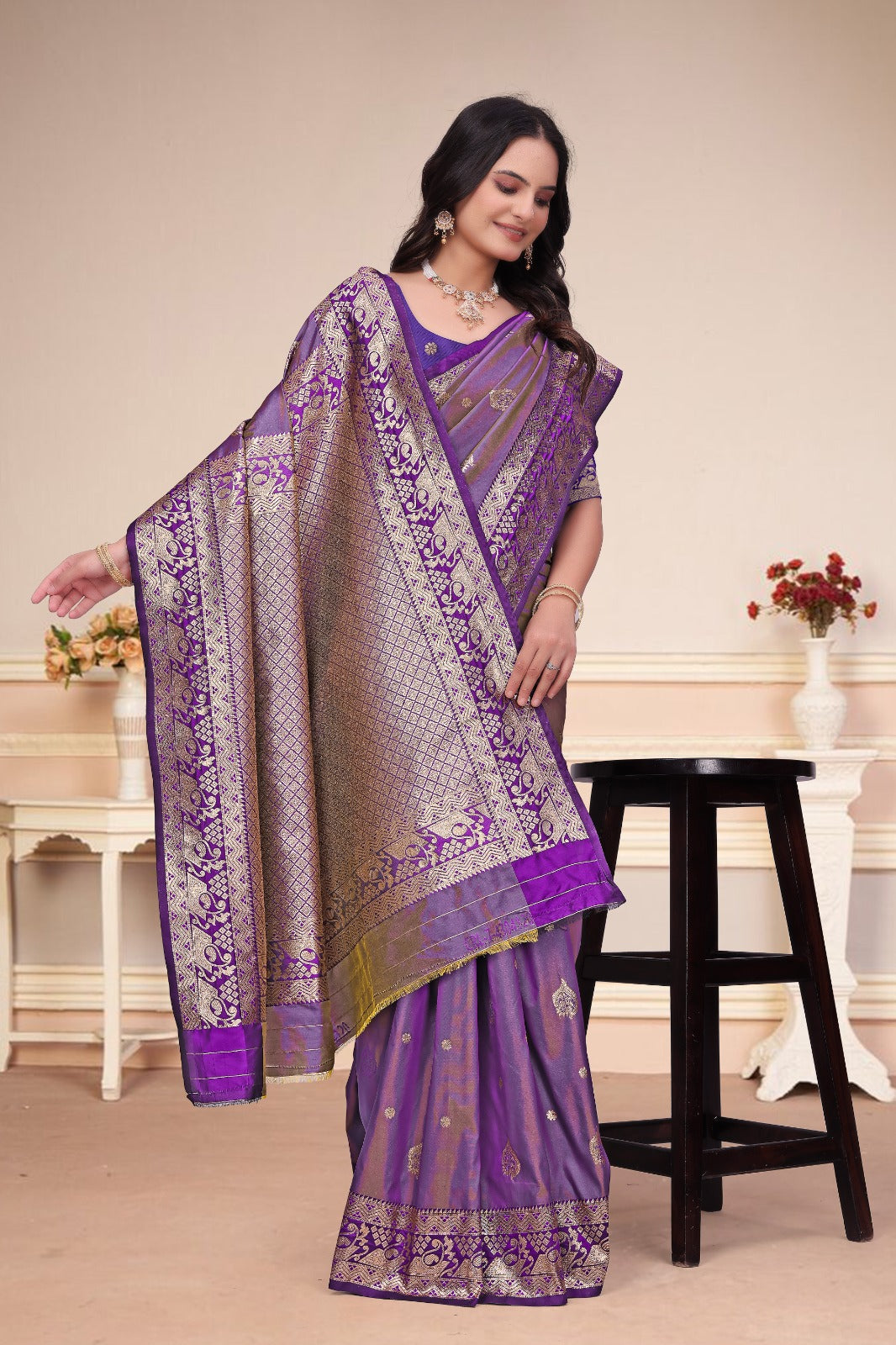 Elegant Royal Purple 50/600 Silk Saree with Antique Gold Zari Border & Traditional Pallu