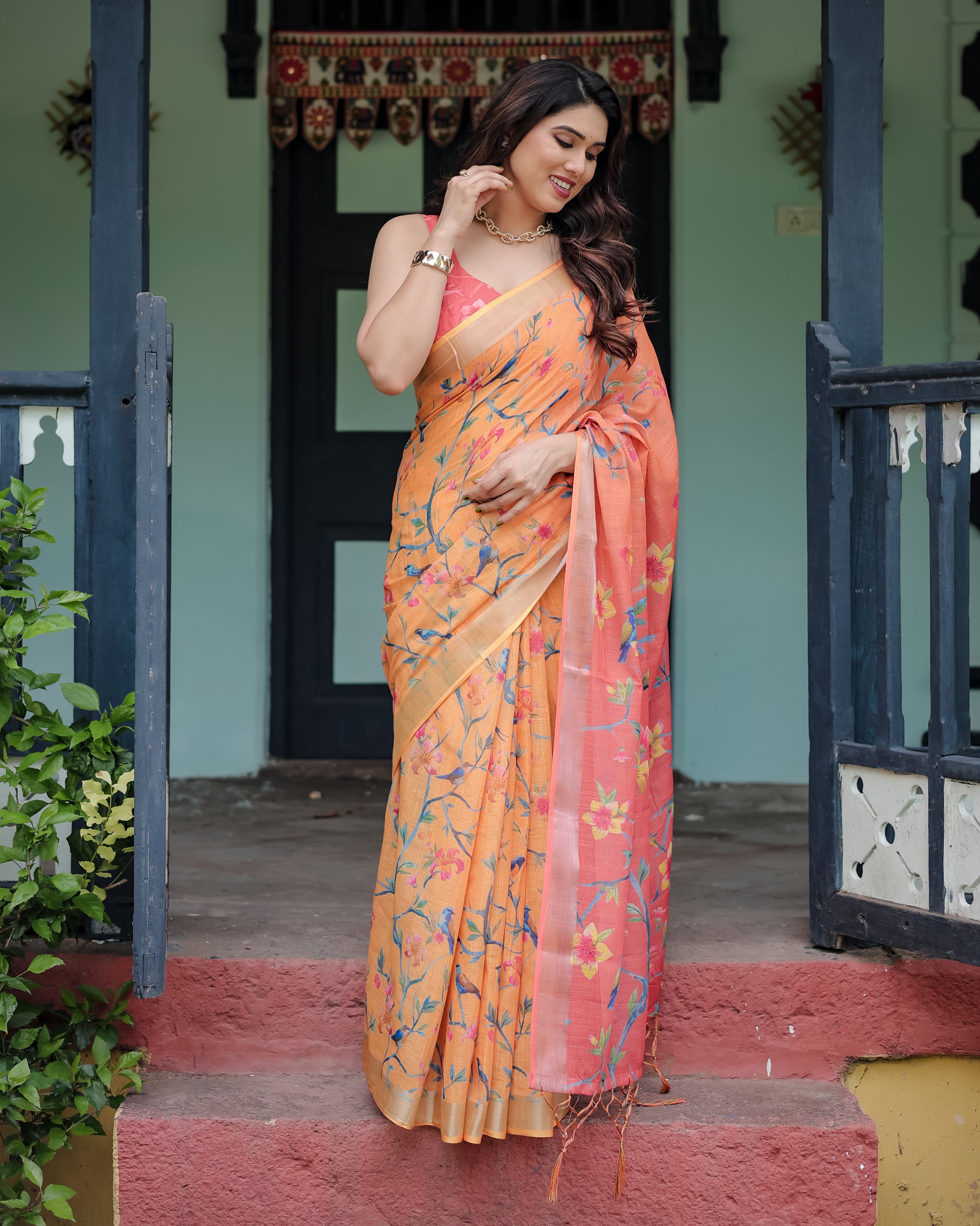 Rustic Tale Printed Linen Saree